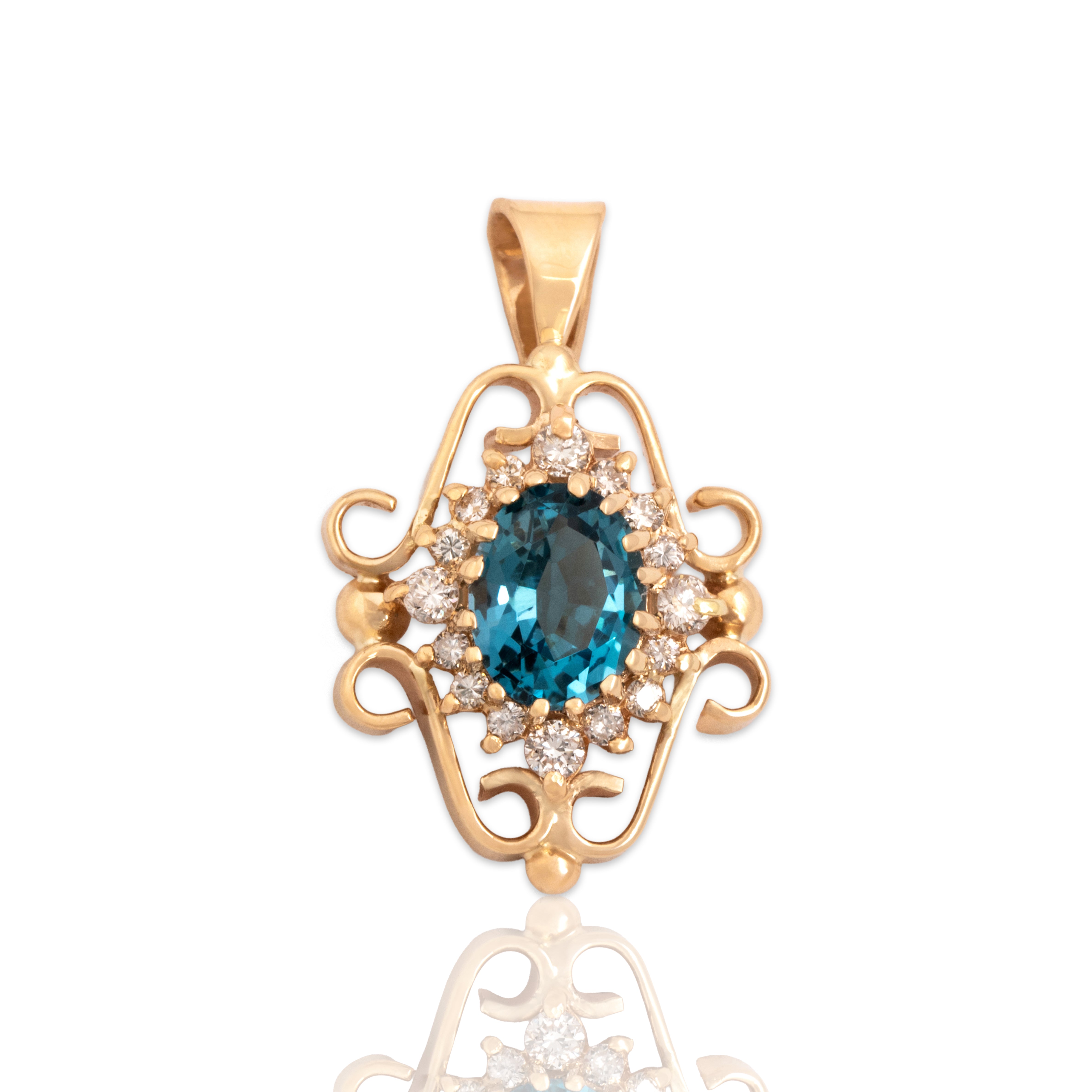 Vintage 14k Yellow Gold 1.92ct Blue Topaz Diamond Striking Scrolling Oval Halo Pendant - Close-up view