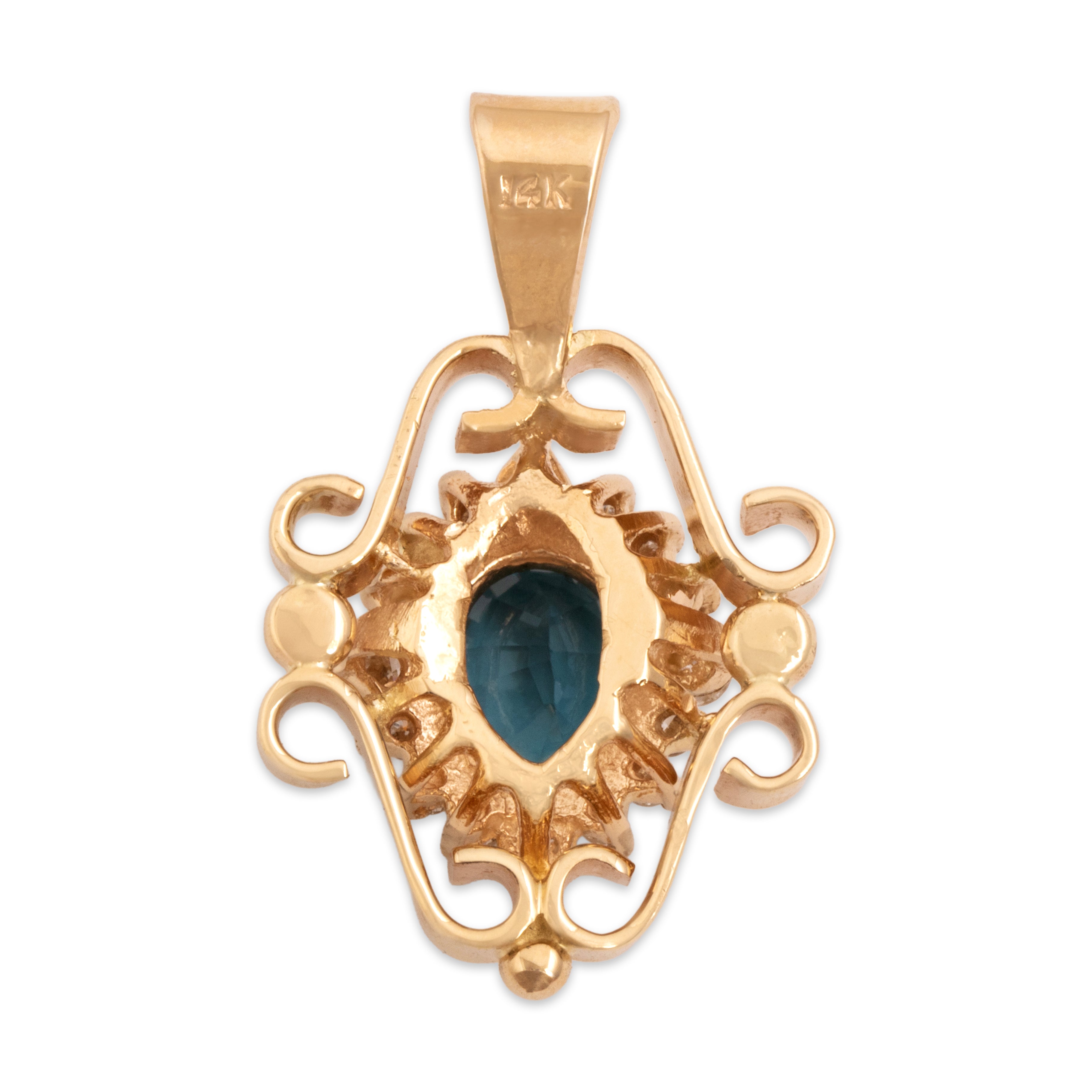 Vintage 14k Yellow Gold 1.92ct Blue Topaz Diamond Striking Scrolling Oval Halo Pendant - Back view