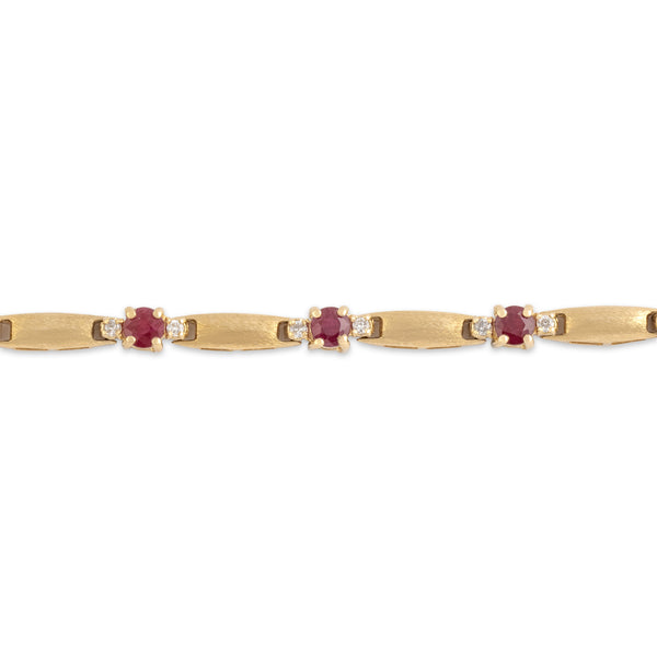 Vintage 14k Yellow Gold 2.68cttw Ruby Diamond Elegant Brushed Link Bracelet 7