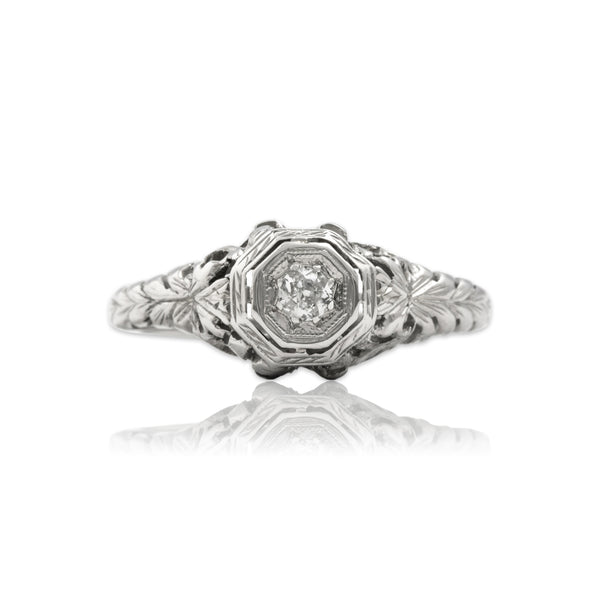 Antique Art Deco 18k White Gold .07ct Old Mine Cut Diamond Blossom Border Ring 6.25