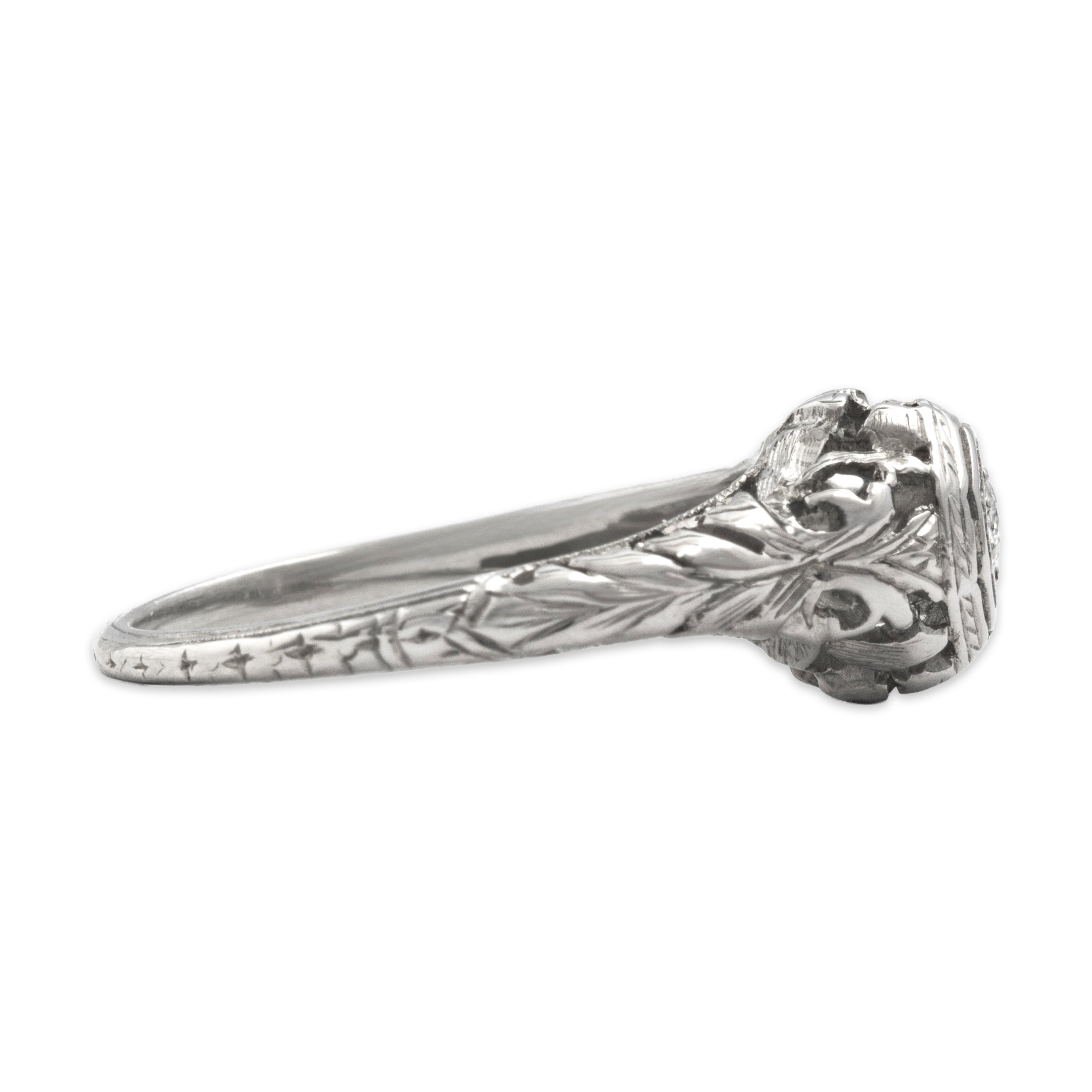 Antique Art Deco 18k White Gold Old Mine Cut Diamond Sculptural Blossom Border Ring - Side view
