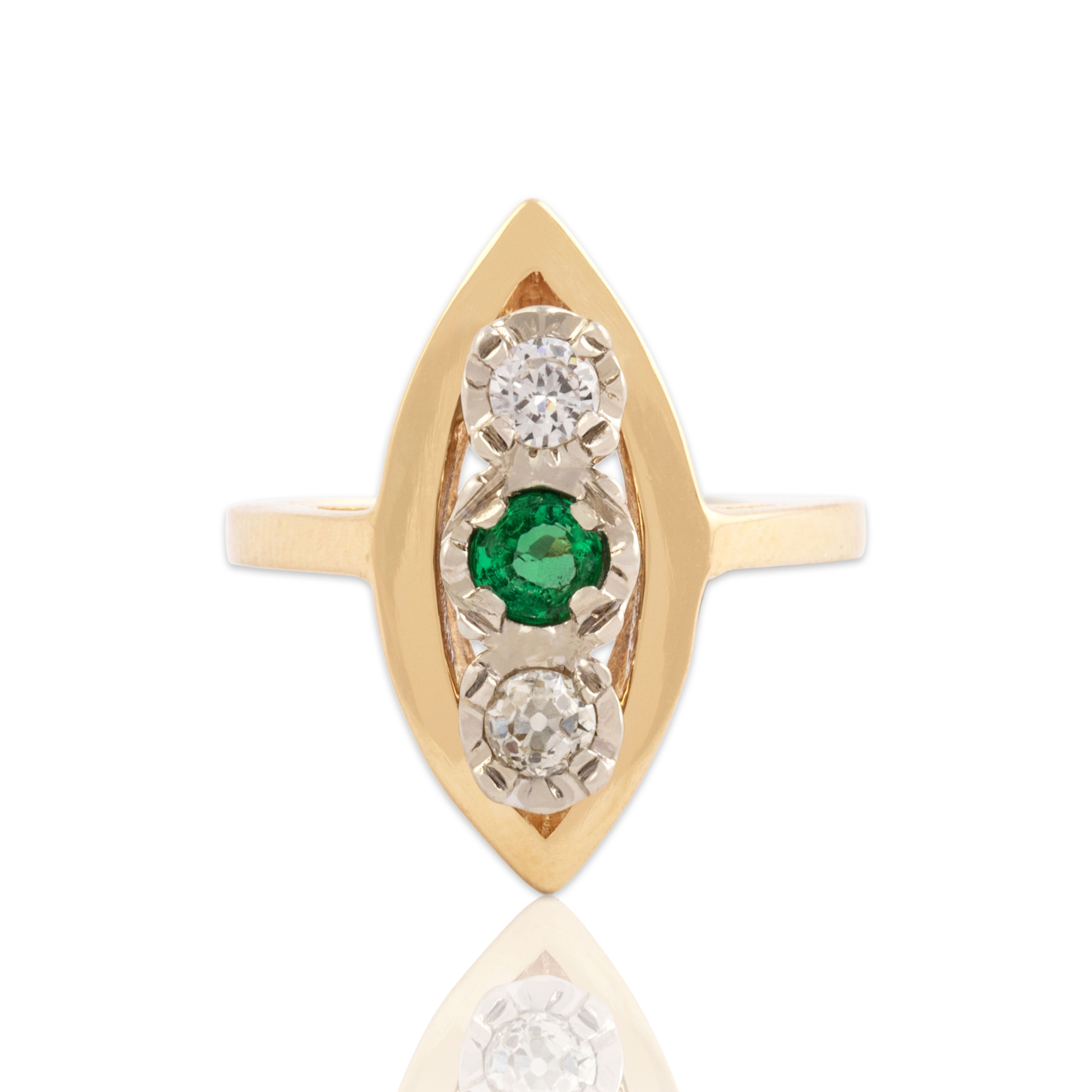 Vintage 14k Yellow Gold Old Mine Cut Diamond Emerald Flashing Navette Ring 5.25