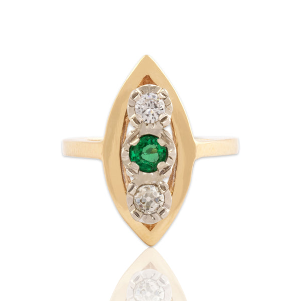 Vintage 14k Yellow Gold Old Mine Cut Diamond Emerald Flashing Navette Ring 5.25