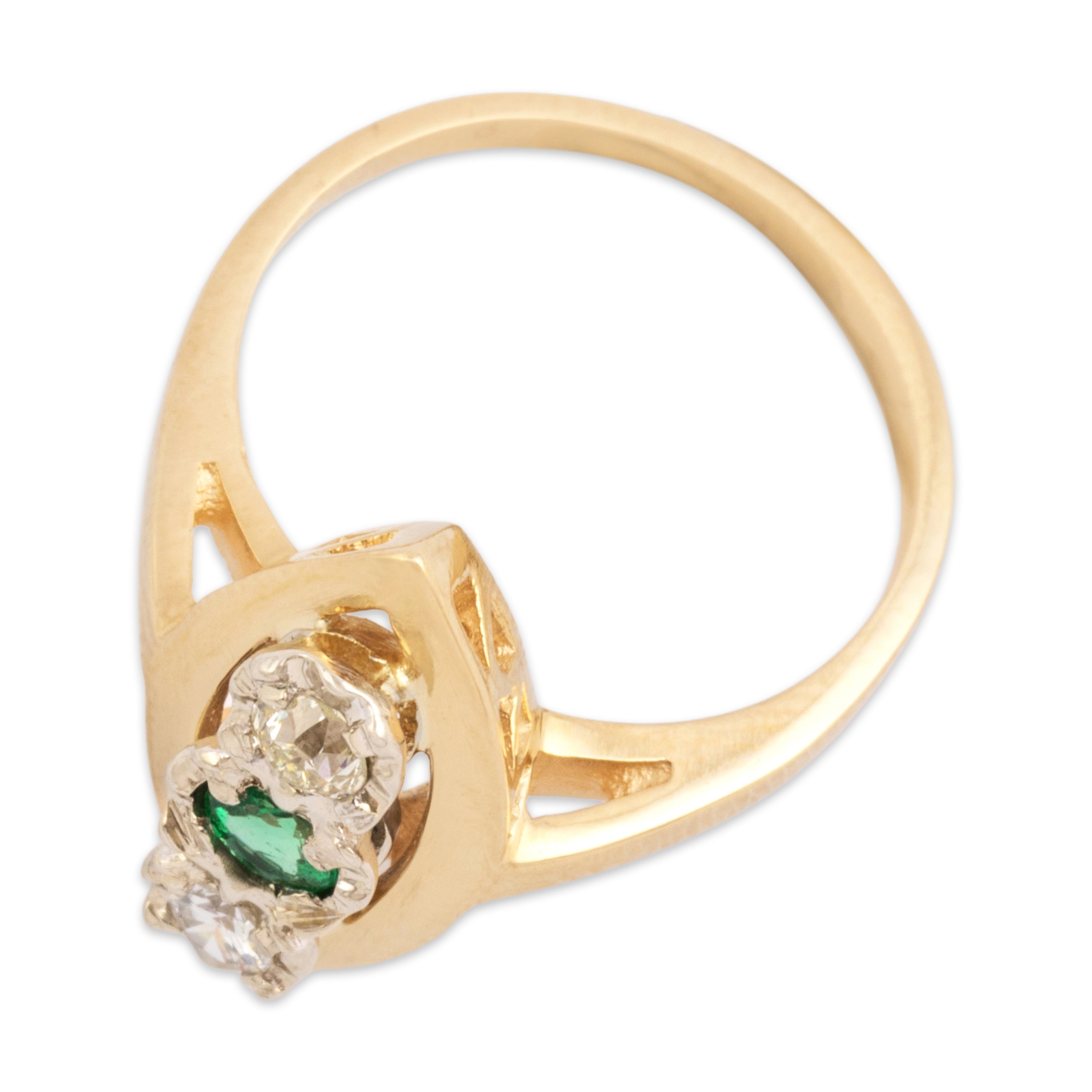 Vintage 14k Yellow Gold Old Mine Cut Diamond Emerald Flashing Stacked Navette Ring - Overall view