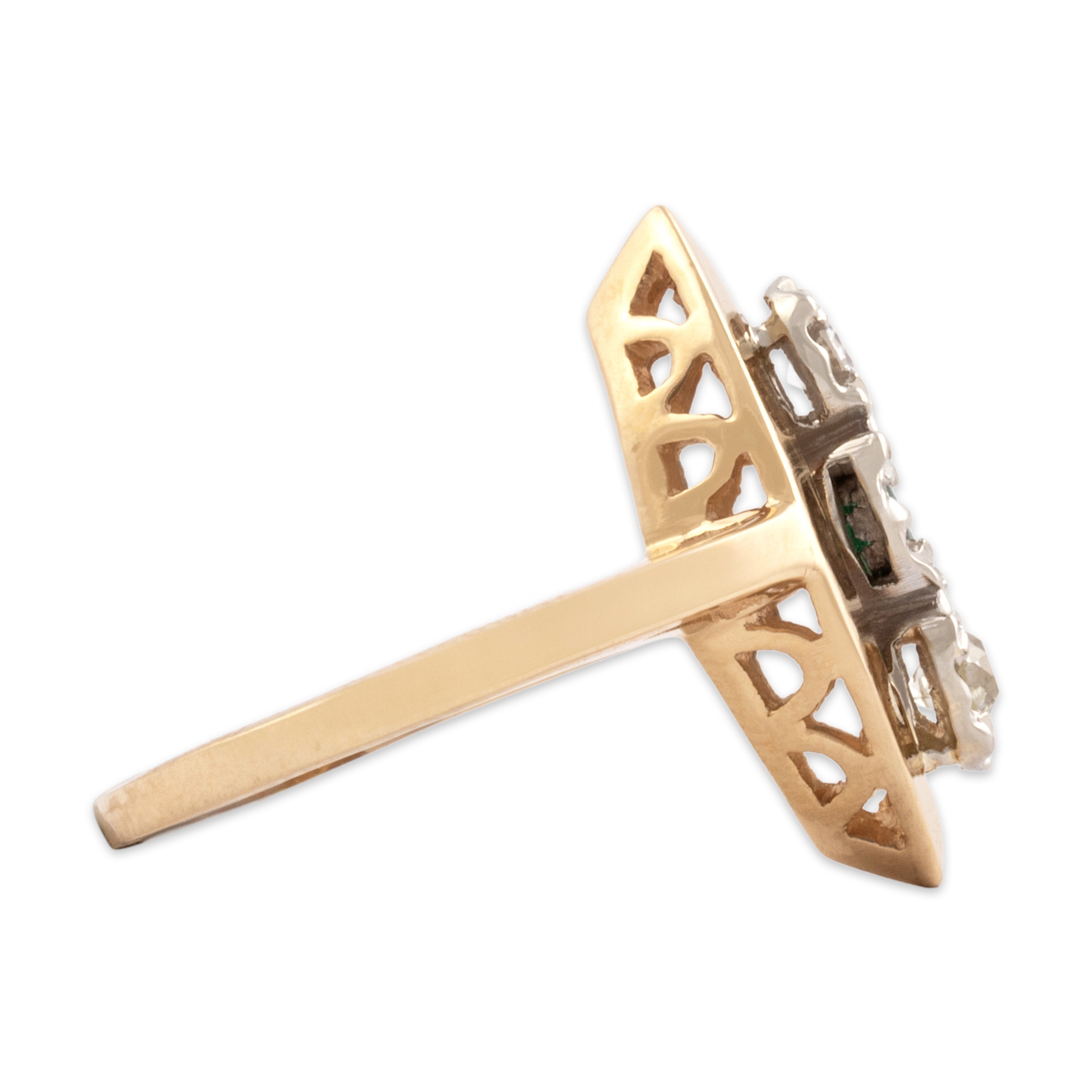 Vintage 14k Yellow Gold Old Mine Cut Diamond Emerald Flashing Stacked Navette Ring - Side view