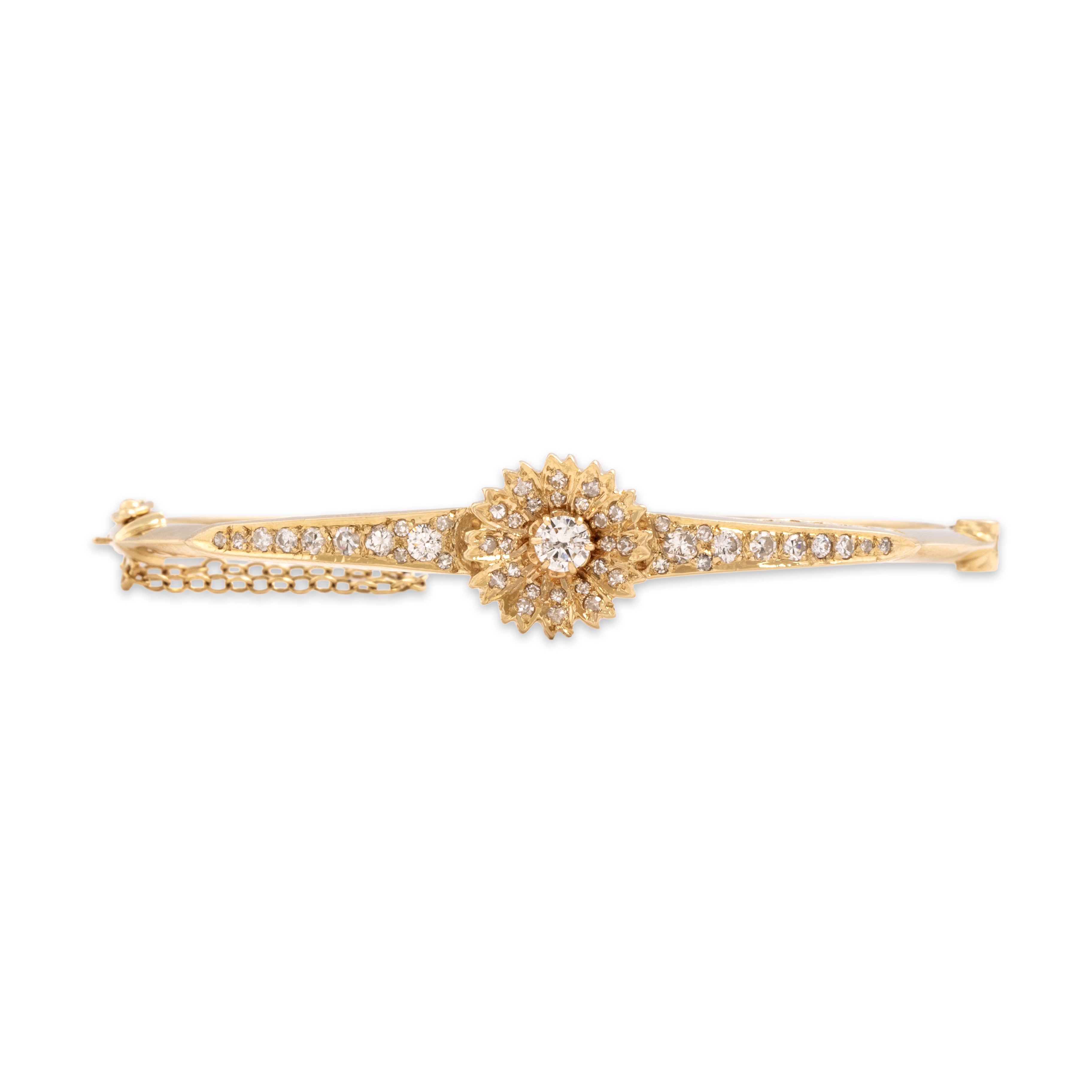 Vintage 14k Yellow Gold .71cttw Diamond Glittering Daisy Bangle Bracelet - Close-up view