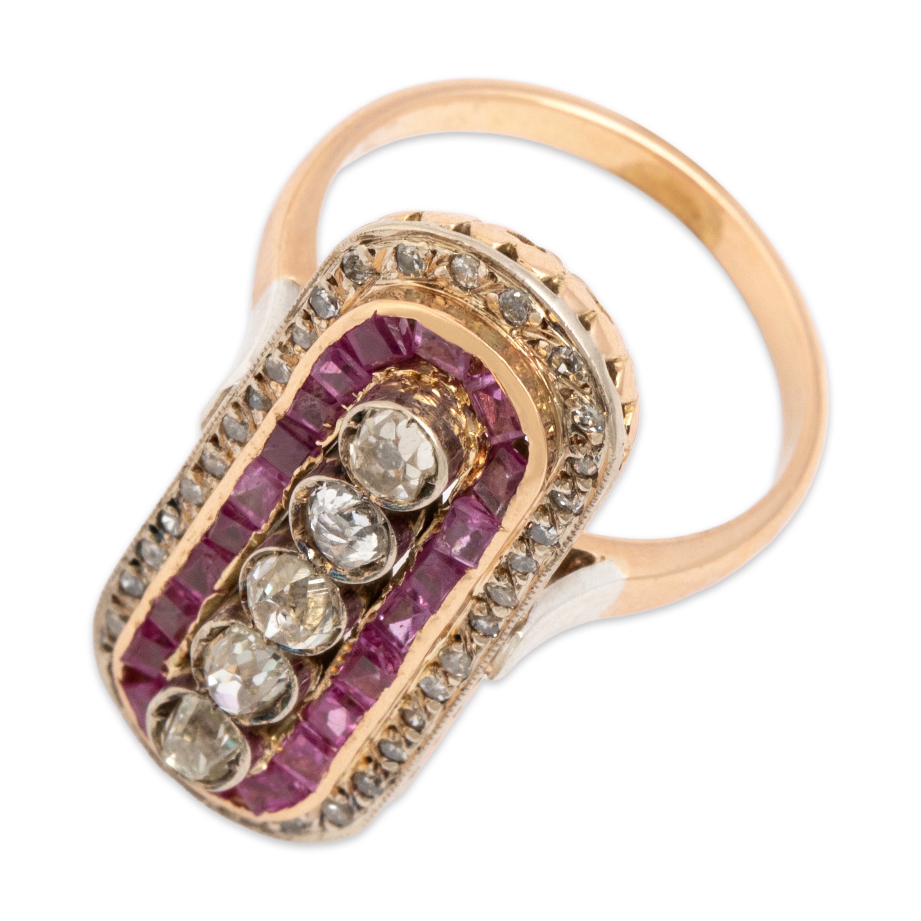 Antique Art Deco 14k Rosy Yellow & White Gold .95cttw Diamond .63cttw Pink Sapphire Spectacular Long Bar Ring - Overall view