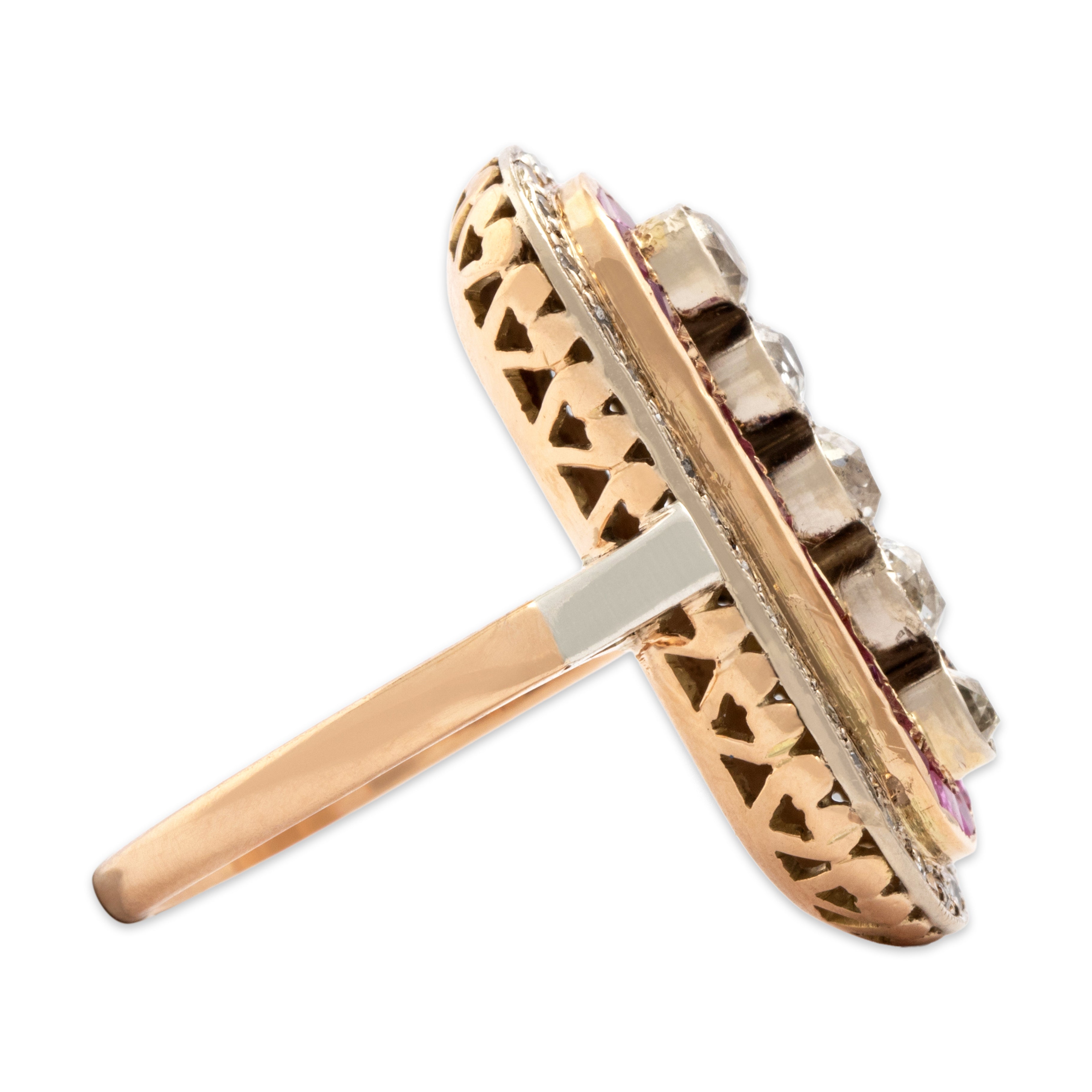 Antique Art Deco 14k Rosy Yellow & White Gold .95cttw Diamond .63cttw Pink Sapphire Spectacular Long Bar Ring - Side view