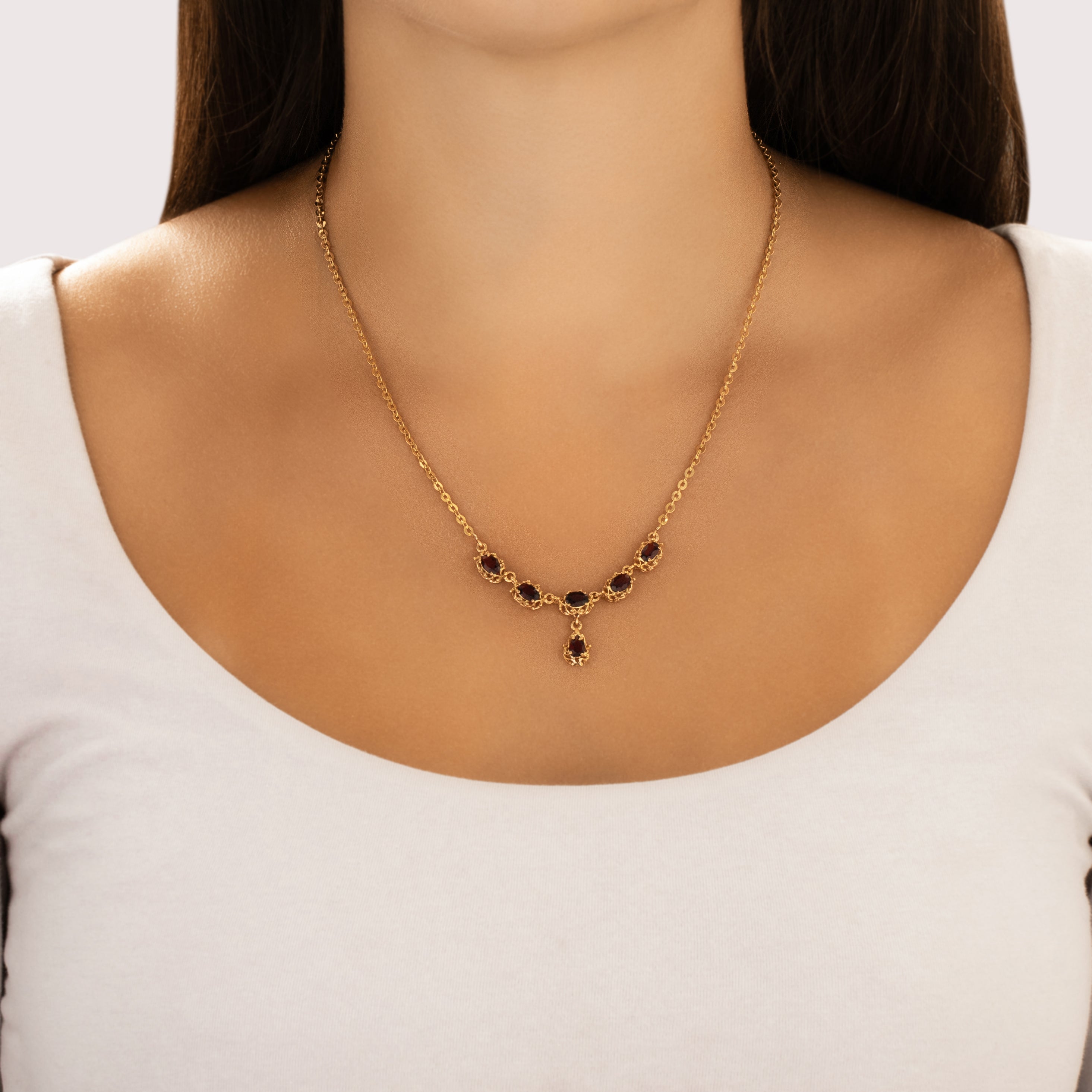 Vintage 18k Yellow Gold 2.46cttw Garnet Bold Floral Clasp Dangle Necklace - On model view
