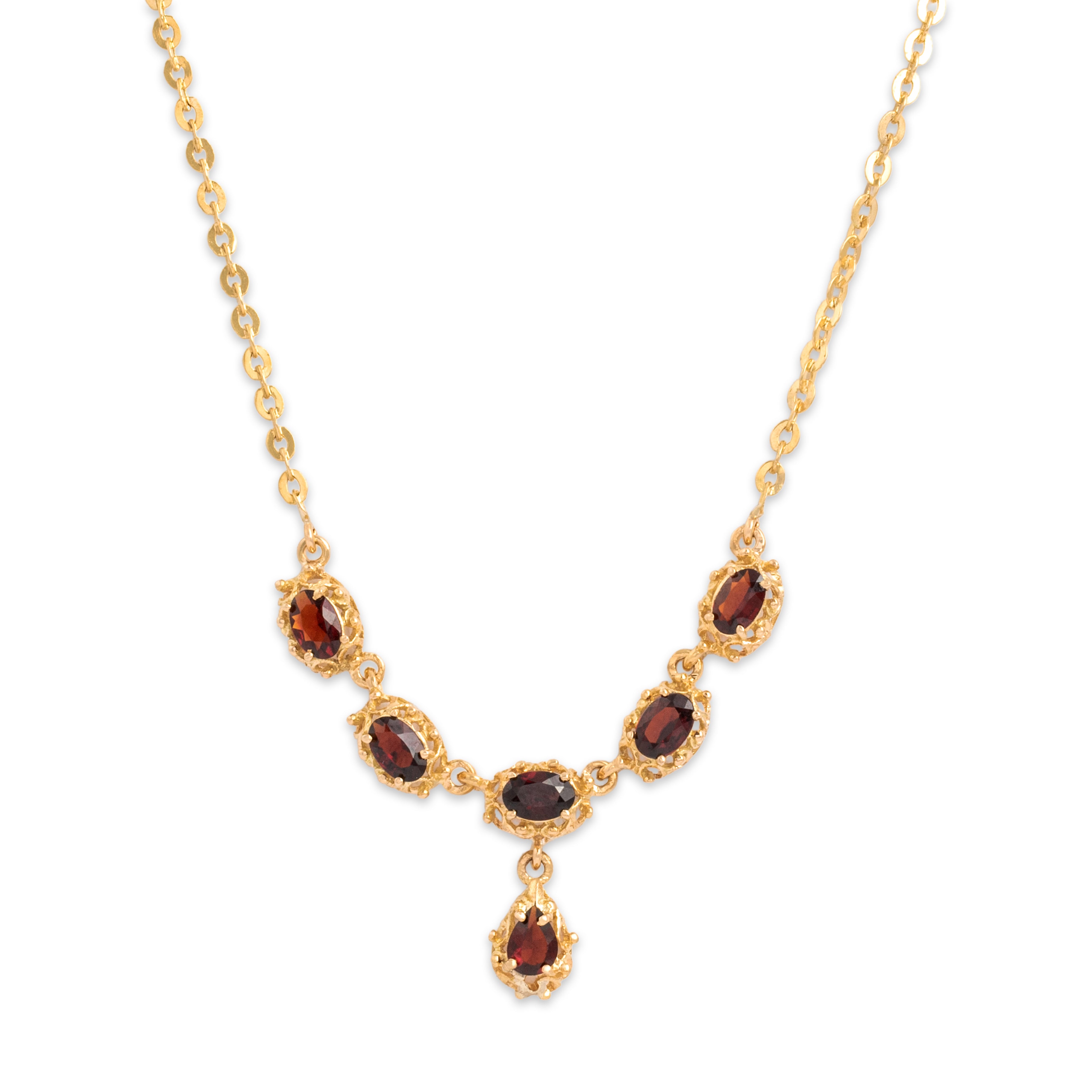 Vintage 18k Yellow Gold 2.46cttw Garnet Bold Floral Clasp Dangle Necklace - Close-up view