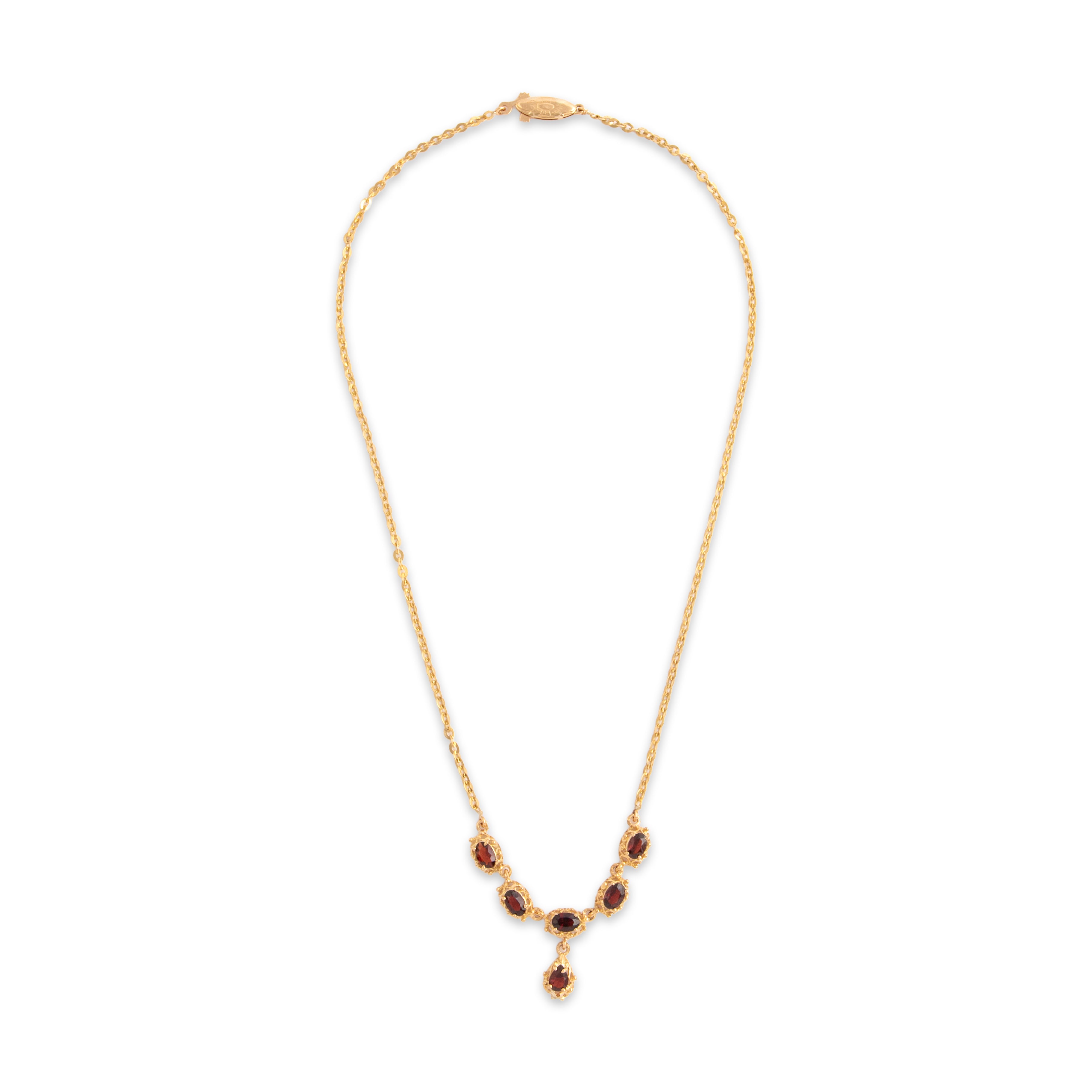 Vintage 18k Yellow Gold 2.46cttw Garnet Bold Floral Clasp Dangle Necklace - Overall view