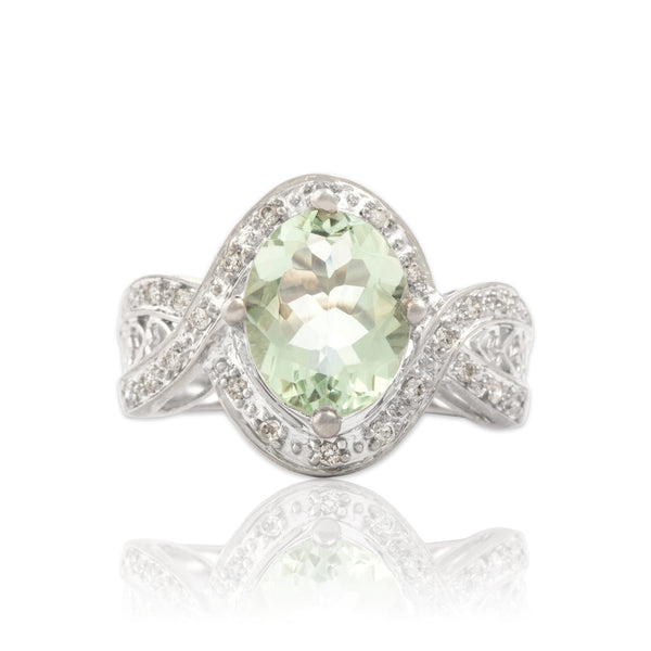 Vintage 14k White Gold 1.88ct Prasiolite Diamond Heart-Detail Shoulder Ring 6.00