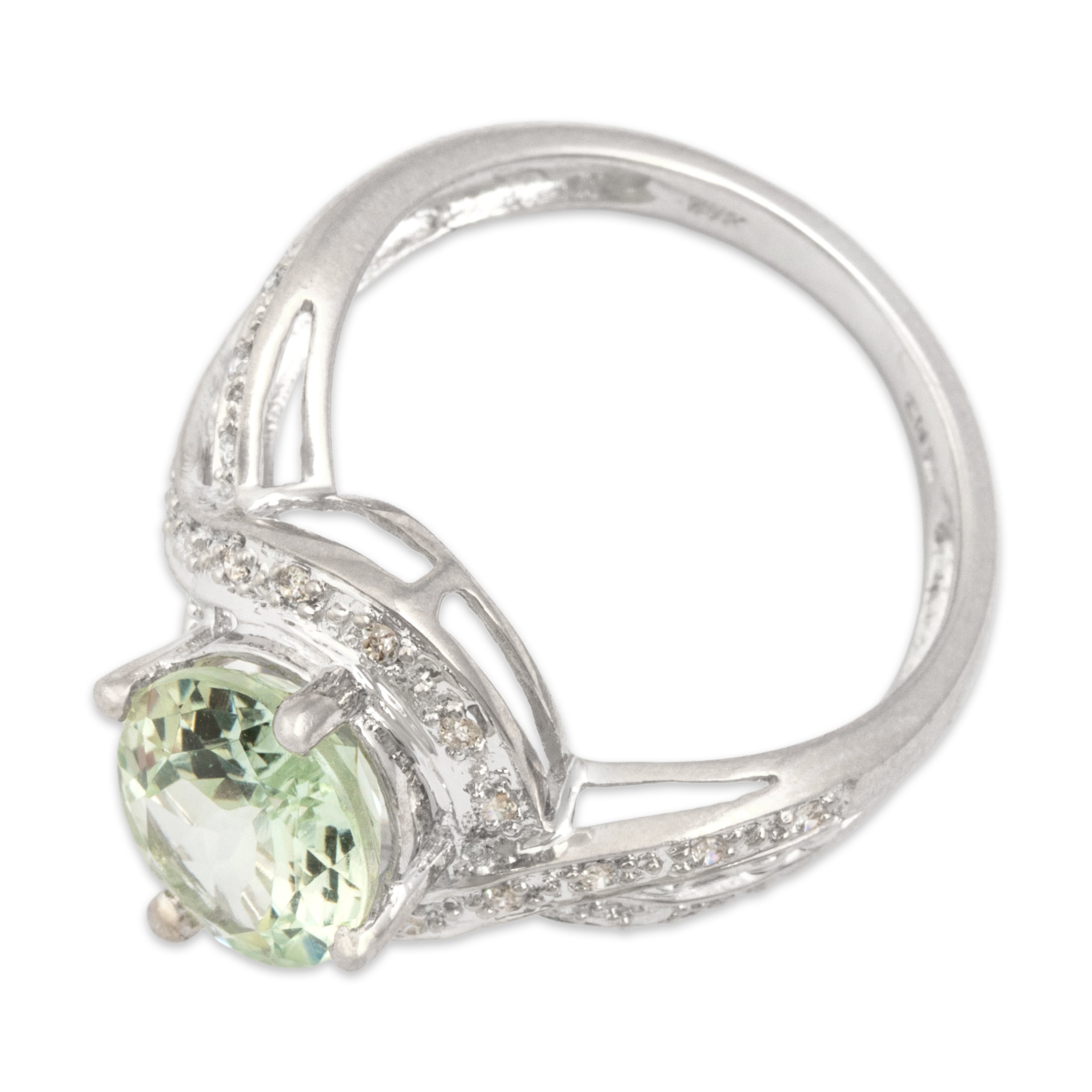 Vintage 14k White Gold 1.88ct Prasiolite Diamond Heart-Detail Shoulder Ring 6.00