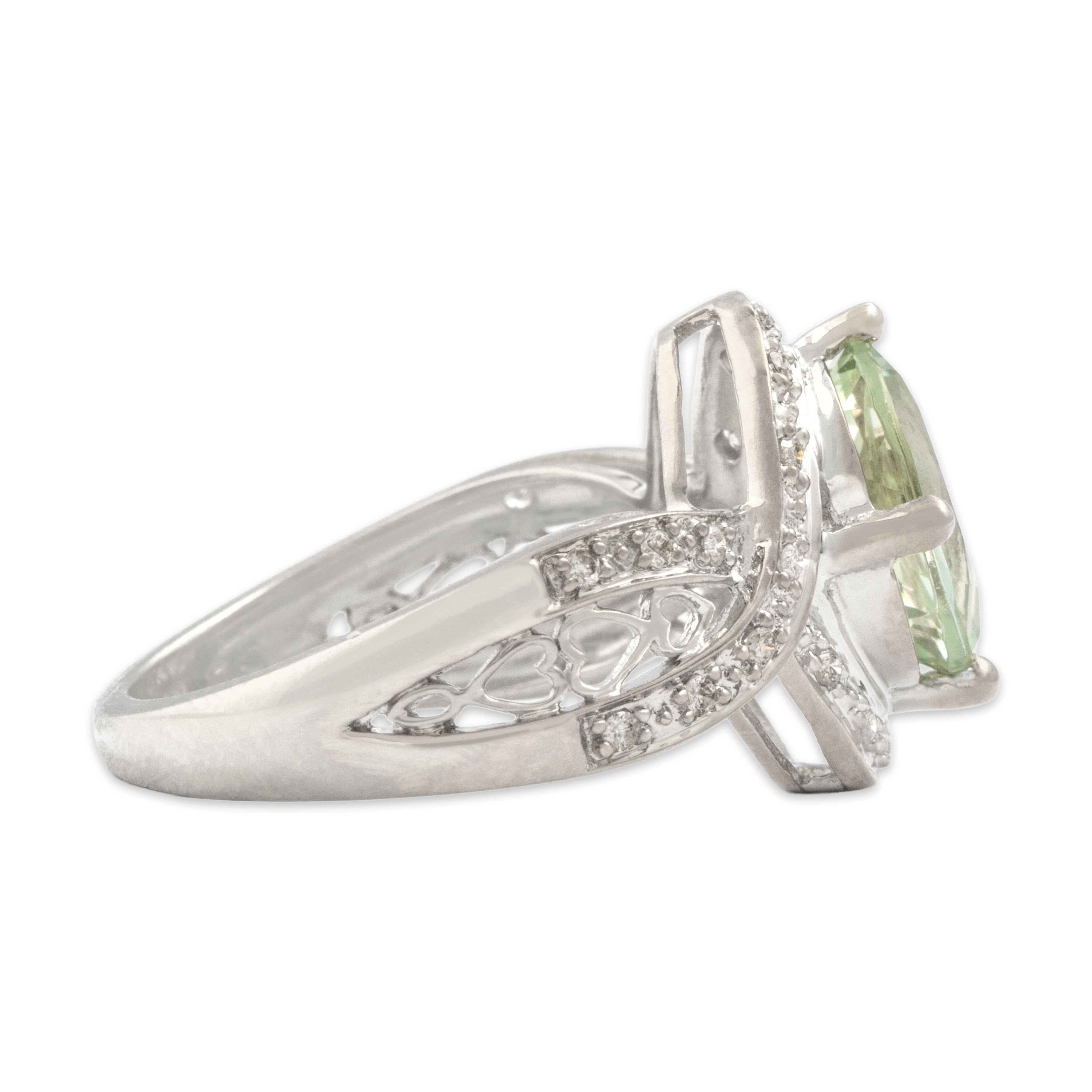Vintage 14k White Gold 1.88ct Prasiolite Diamond Heart-Detail Shoulder Ring 6.00