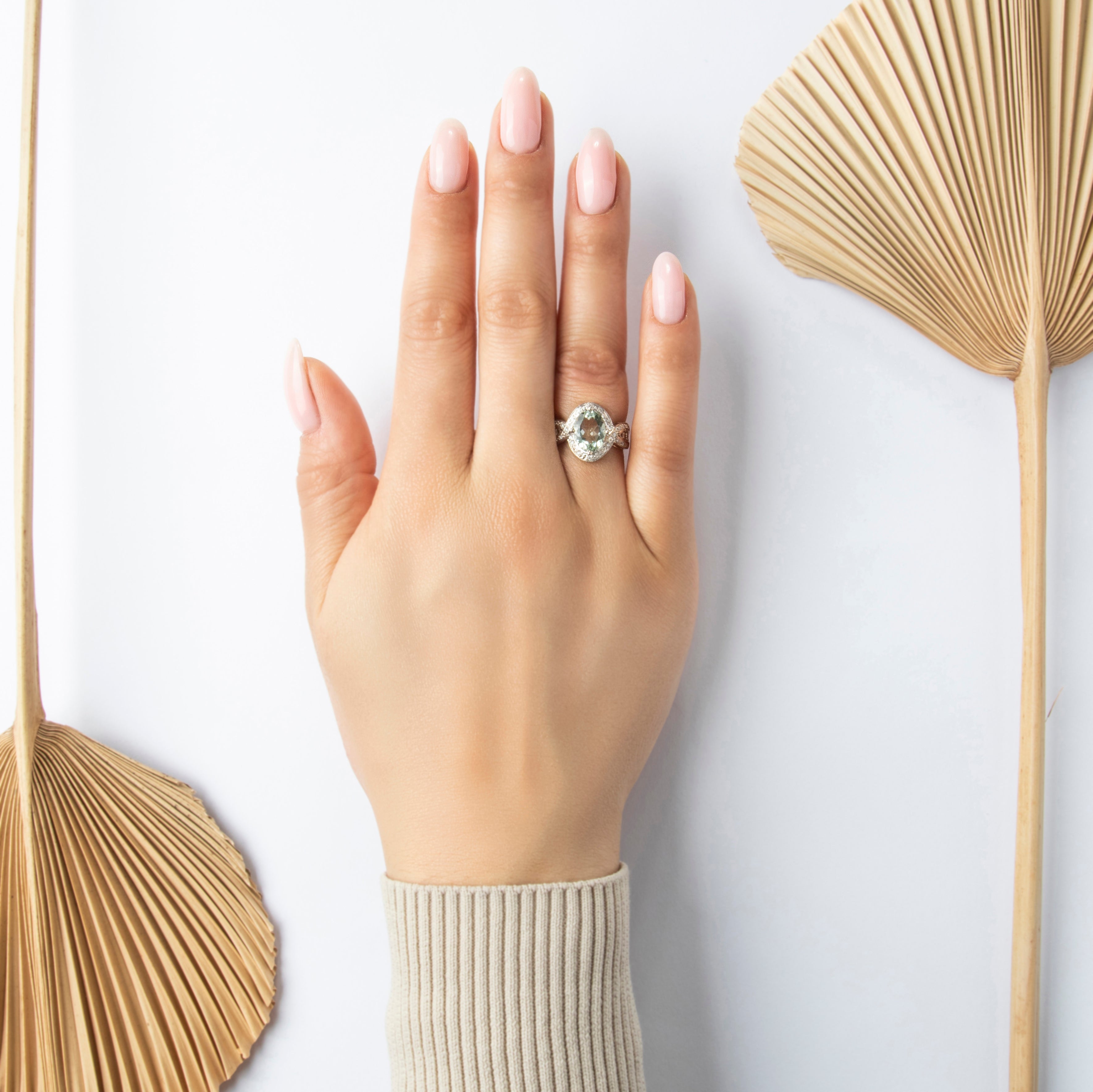 Vintage 14k White Gold 1.88ct Prasiolite Diamond Sparkling Twisted Heart Detail Shoulder Ring - On model view