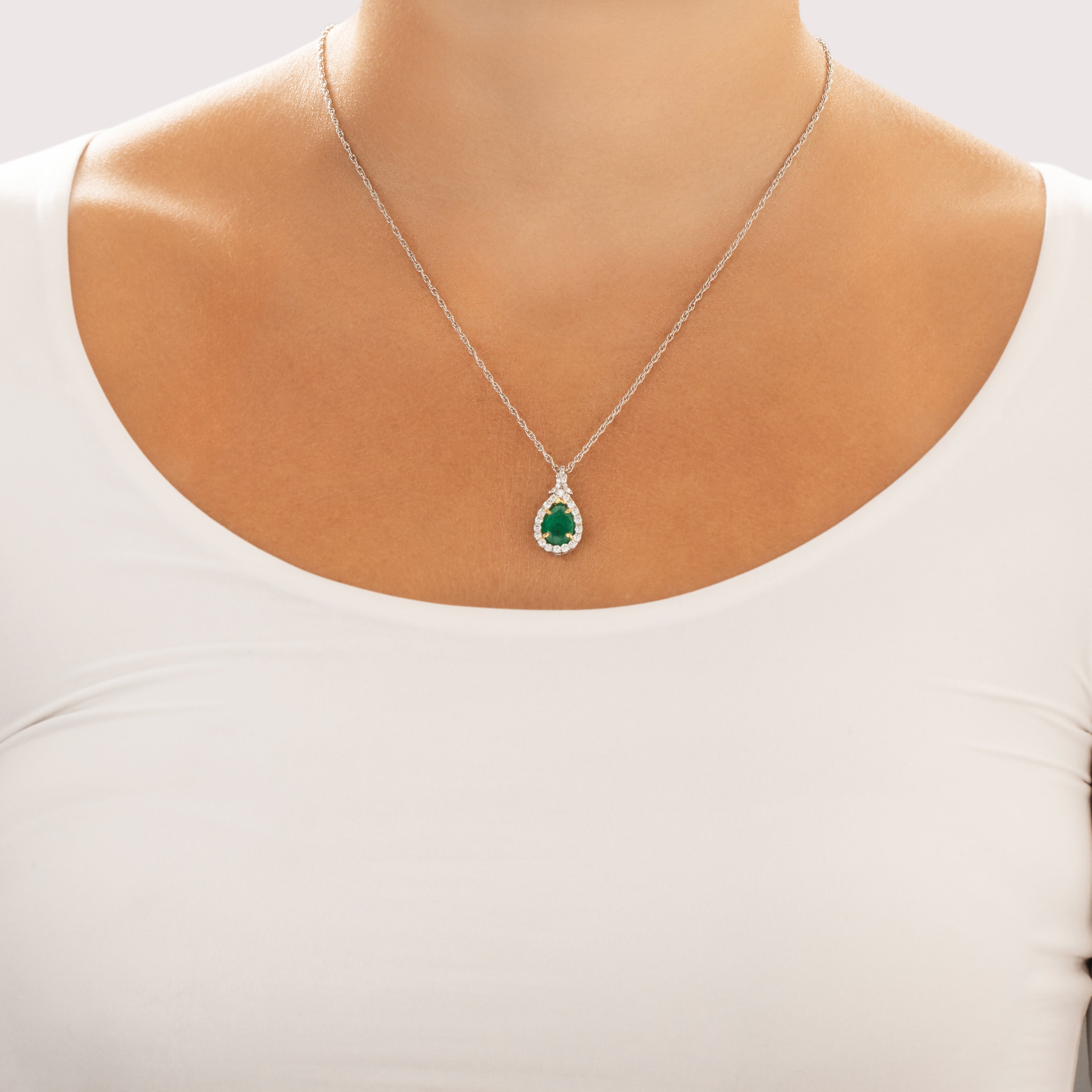 Vintage Platinum & 18k Yellow Gold 2.06ct Emerald .51cttw Diamond Glittering Pear Drop Pendant - On model view