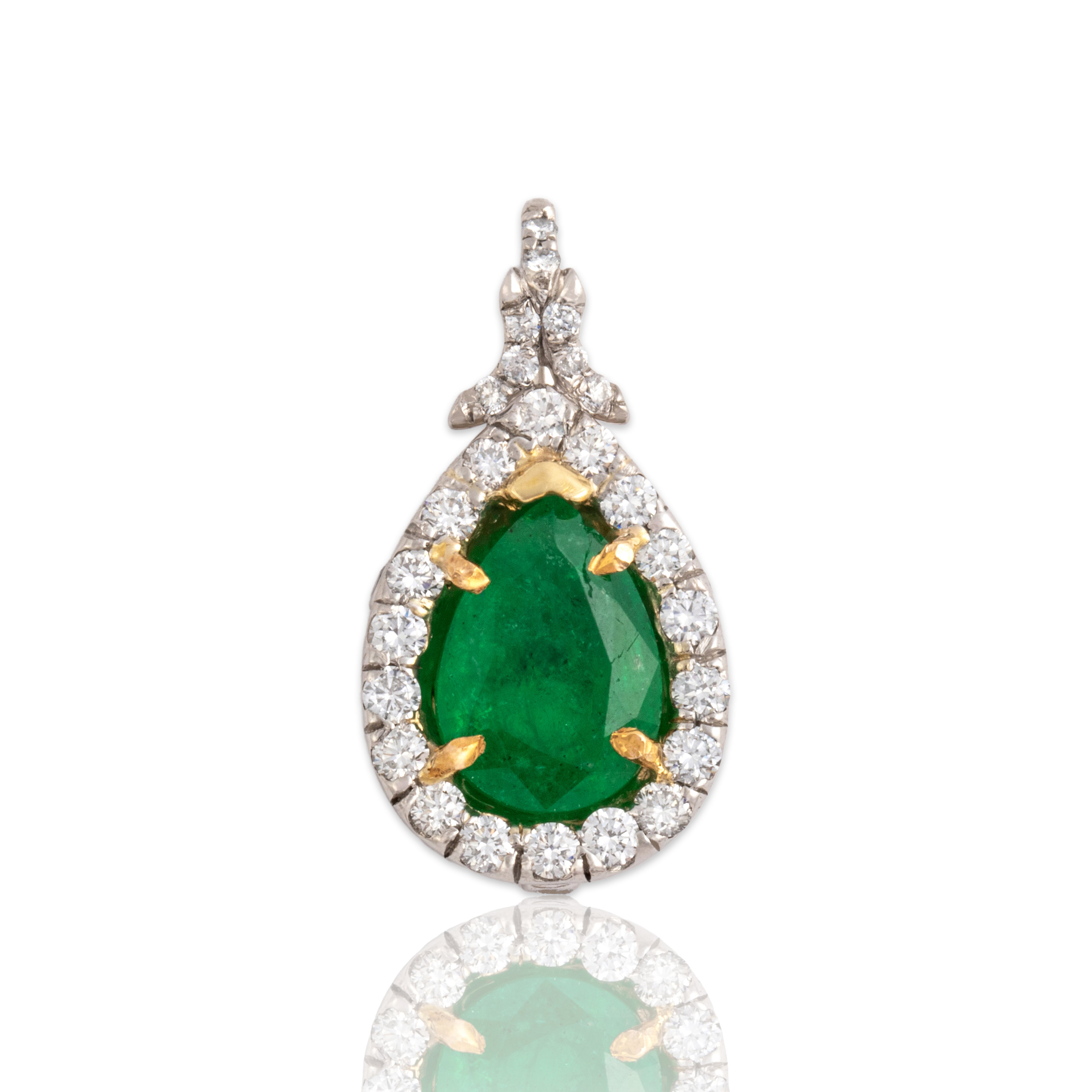 Vintage Platinum & 18k Yellow Gold 2.06ct Emerald .51cttw Diamond Glittering Pear Drop Pendant - Close-up view