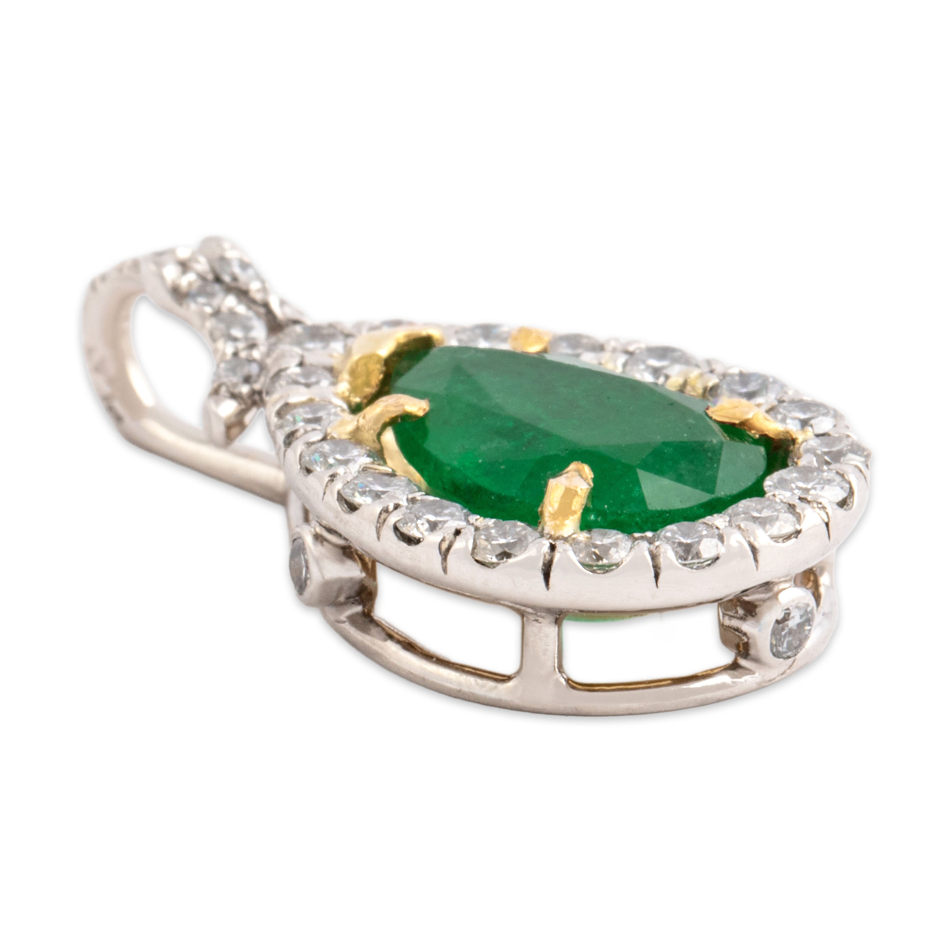 Vintage Platinum & 18k Yellow Gold 2.06ct Emerald .51cttw Diamond Glittering Pear Drop Pendant - Side view