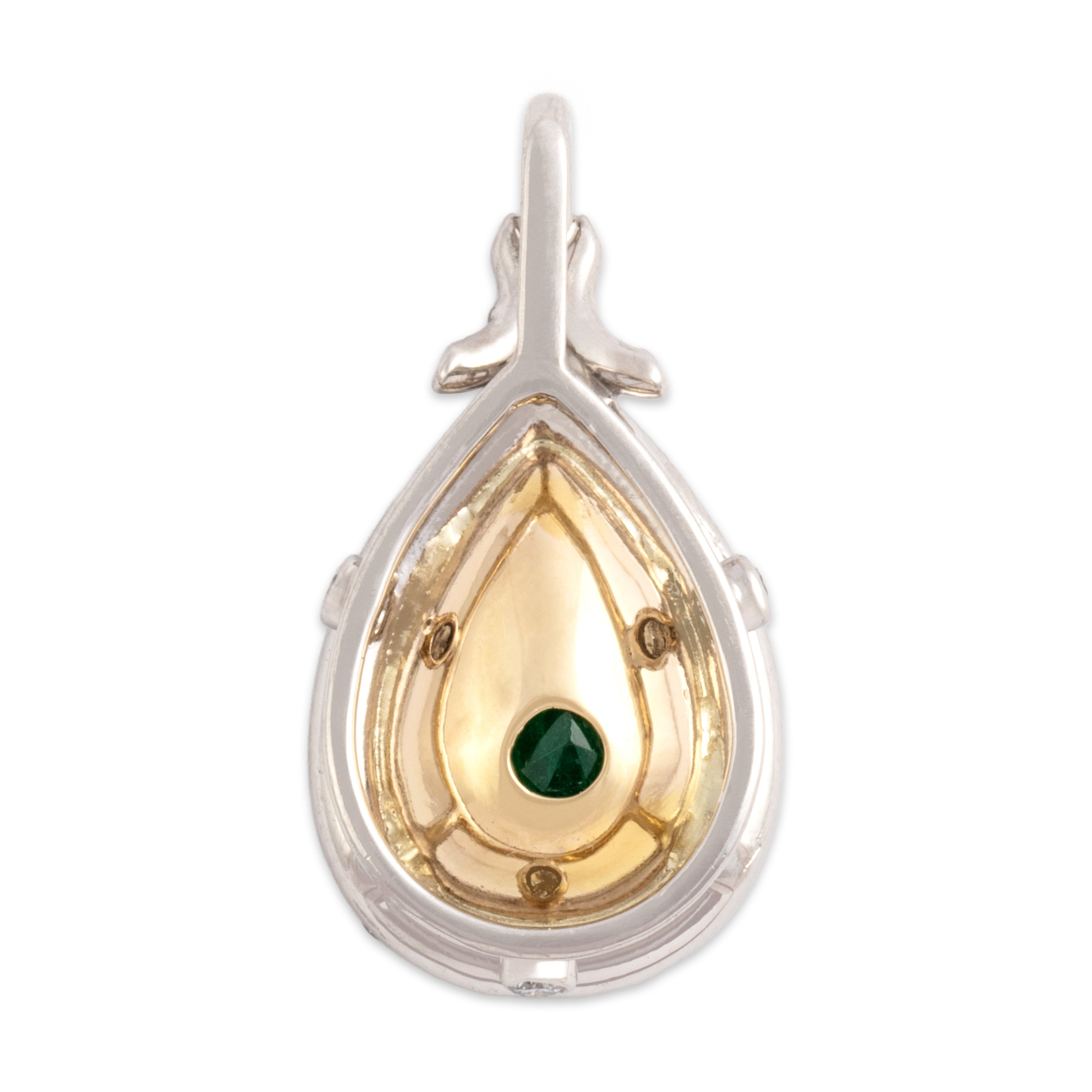 Vintage Platinum & 18k Yellow Gold 2.06ct Emerald .51cttw Diamond Glittering Pear Drop Pendant - Back view