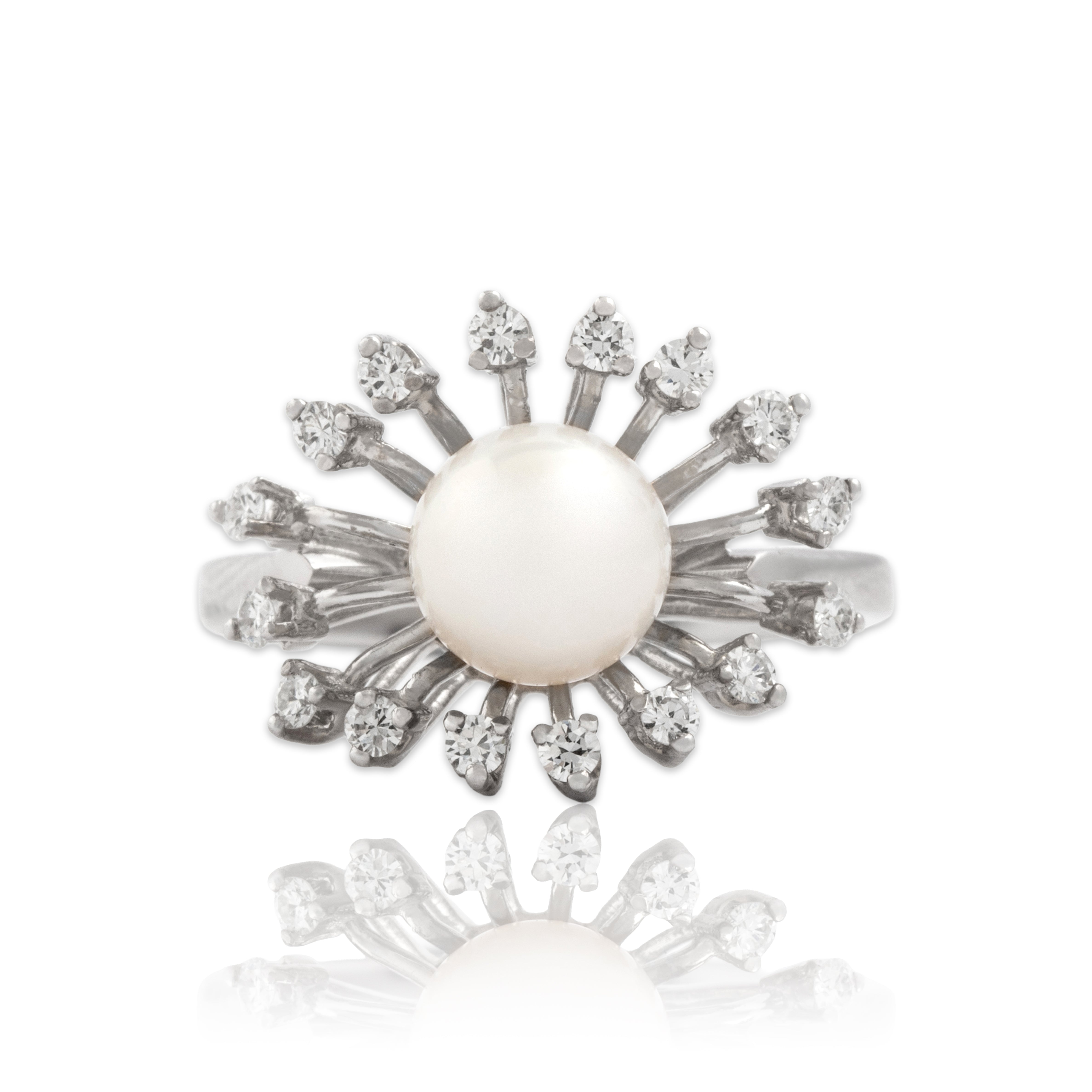 Vintage 18k White Gold Pearl Diamond Sparkling Burst Halo Ring - Close-up view