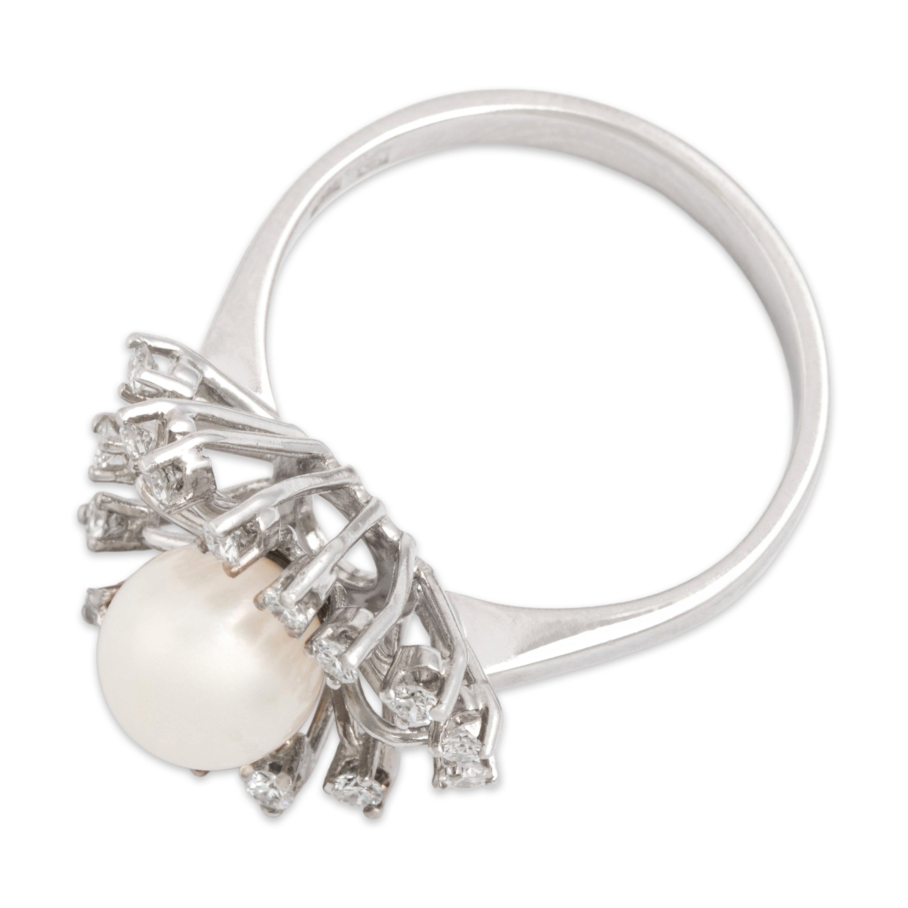 Vintage 18k White Gold Pearl Diamond Sparkling Burst Halo Ring - Overall view