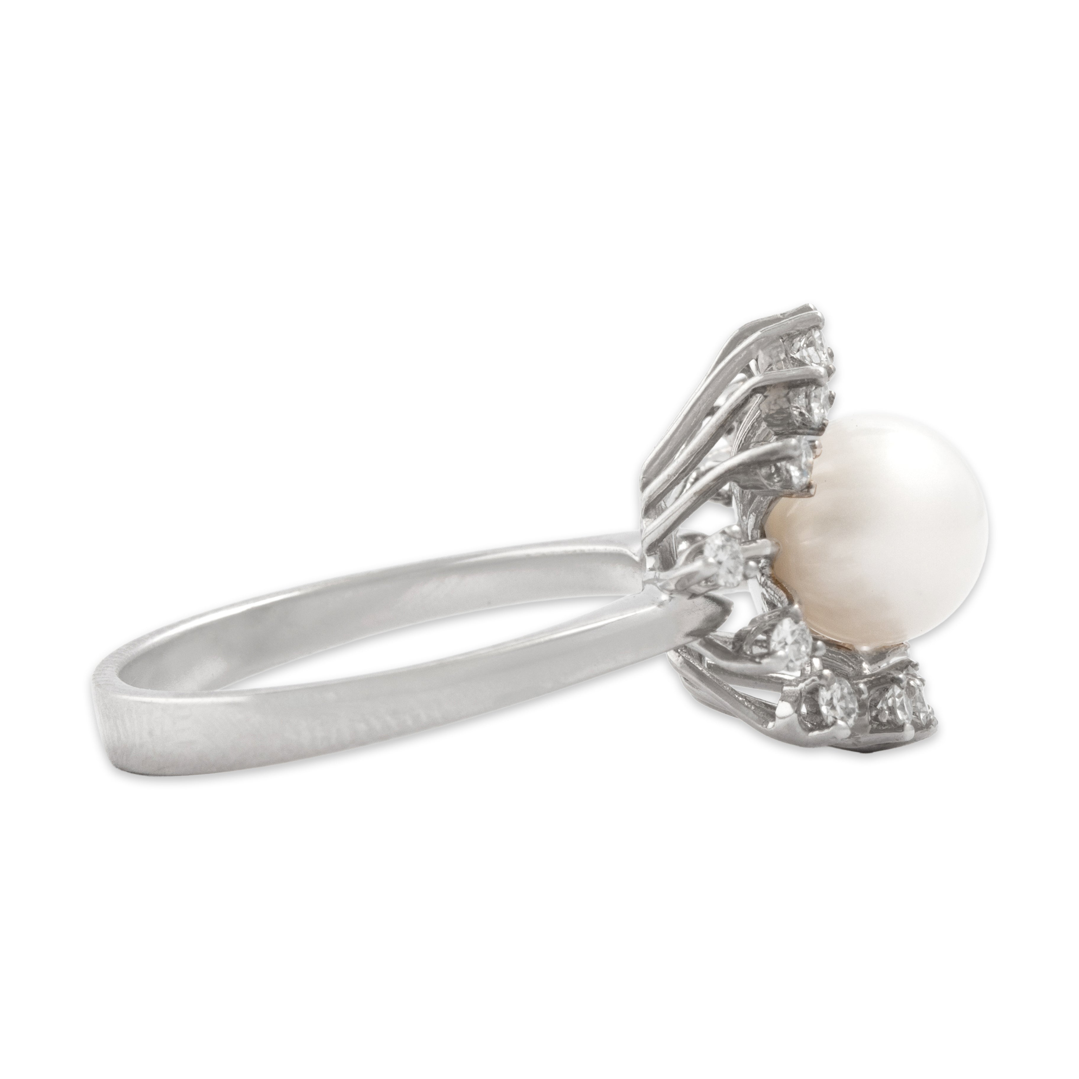 Vintage 18k White Gold Pearl Diamond Sparkling Burst Halo Ring 7.50