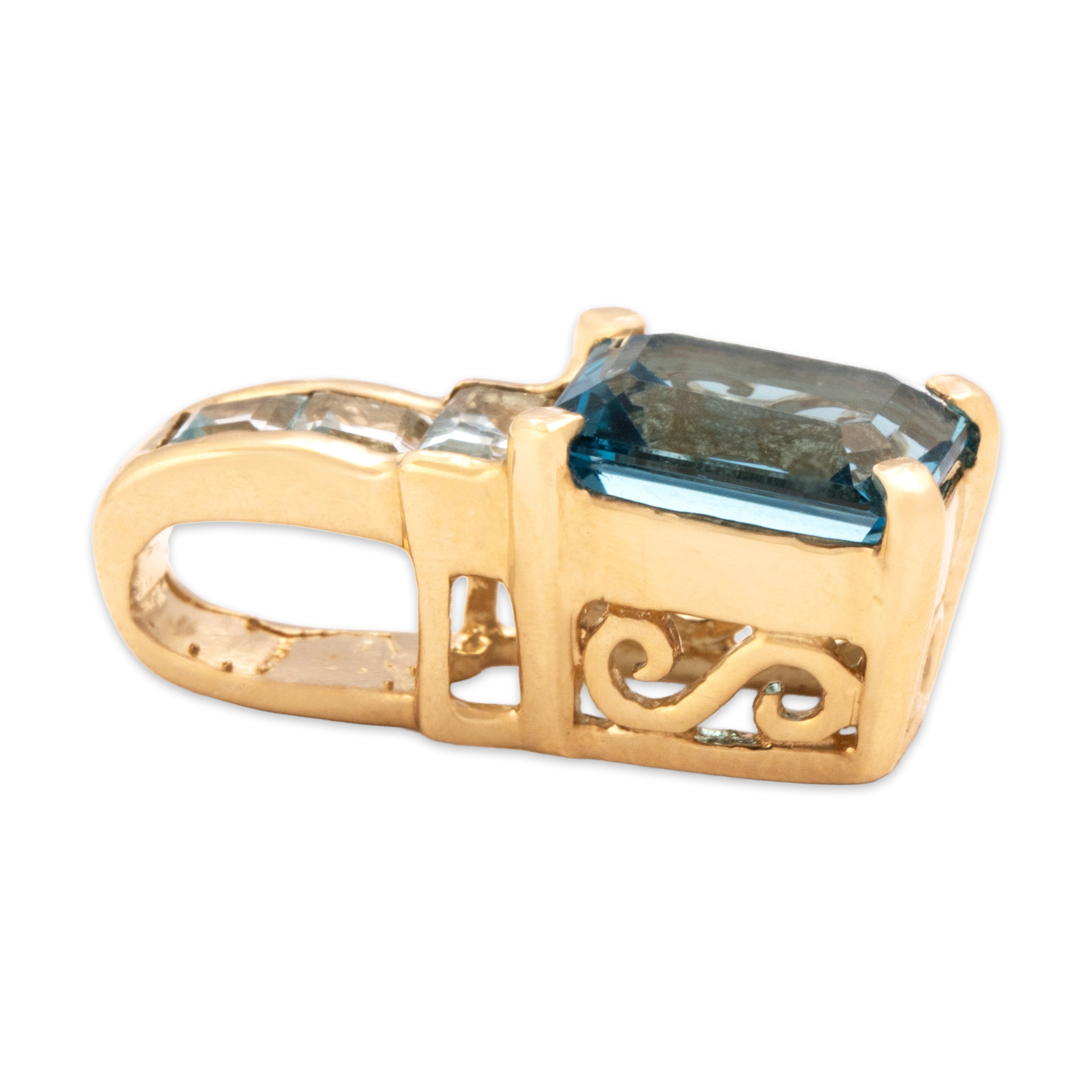 Vintage 14k Yellow Gold 3.2cttw Light Blue Topaz Elegant Rectangular Swirled Stack Pendant - Side view