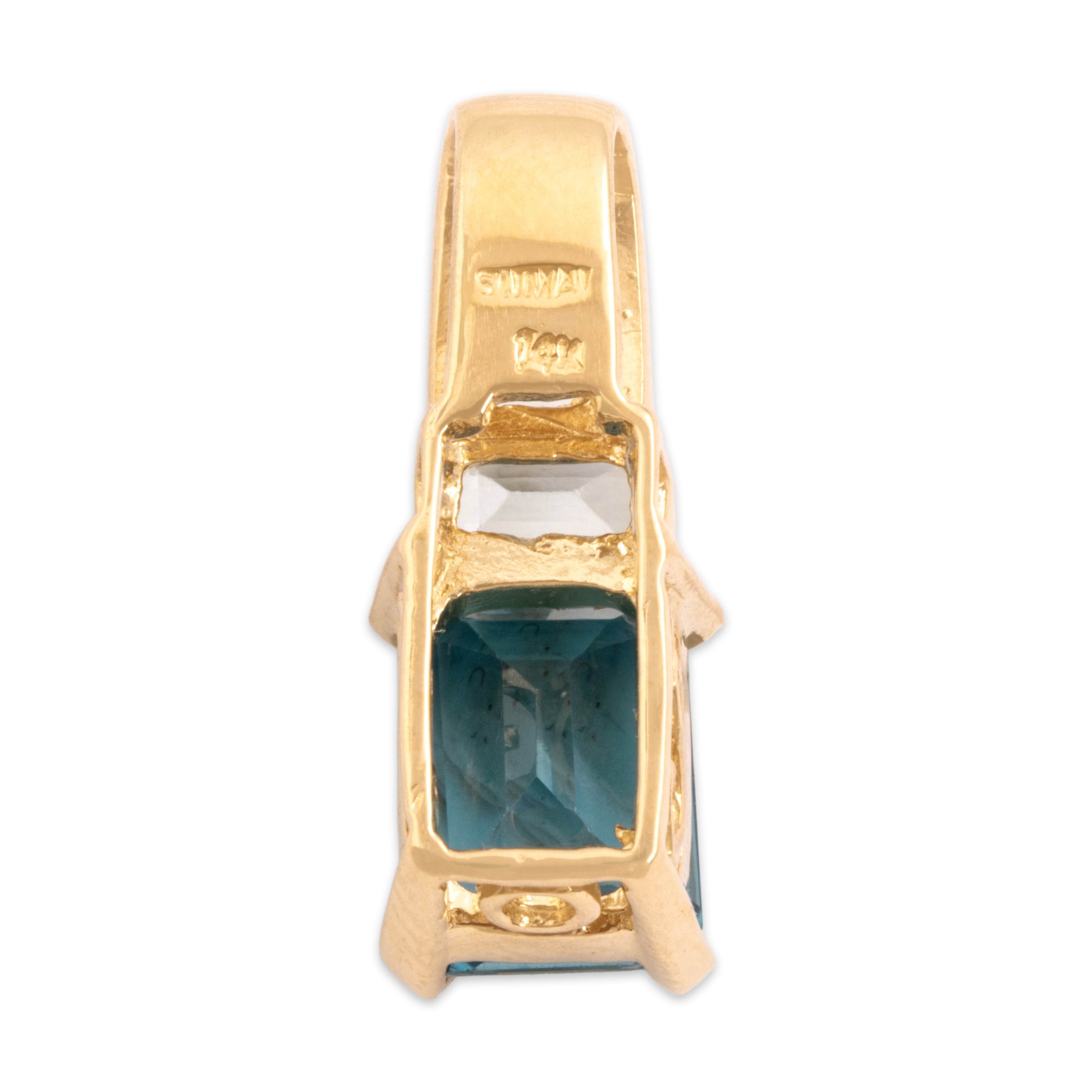 Vintage 14k Yellow Gold 3.2cttw Light Blue Topaz Elegant Rectangular Swirled Stack Pendant - Back view
