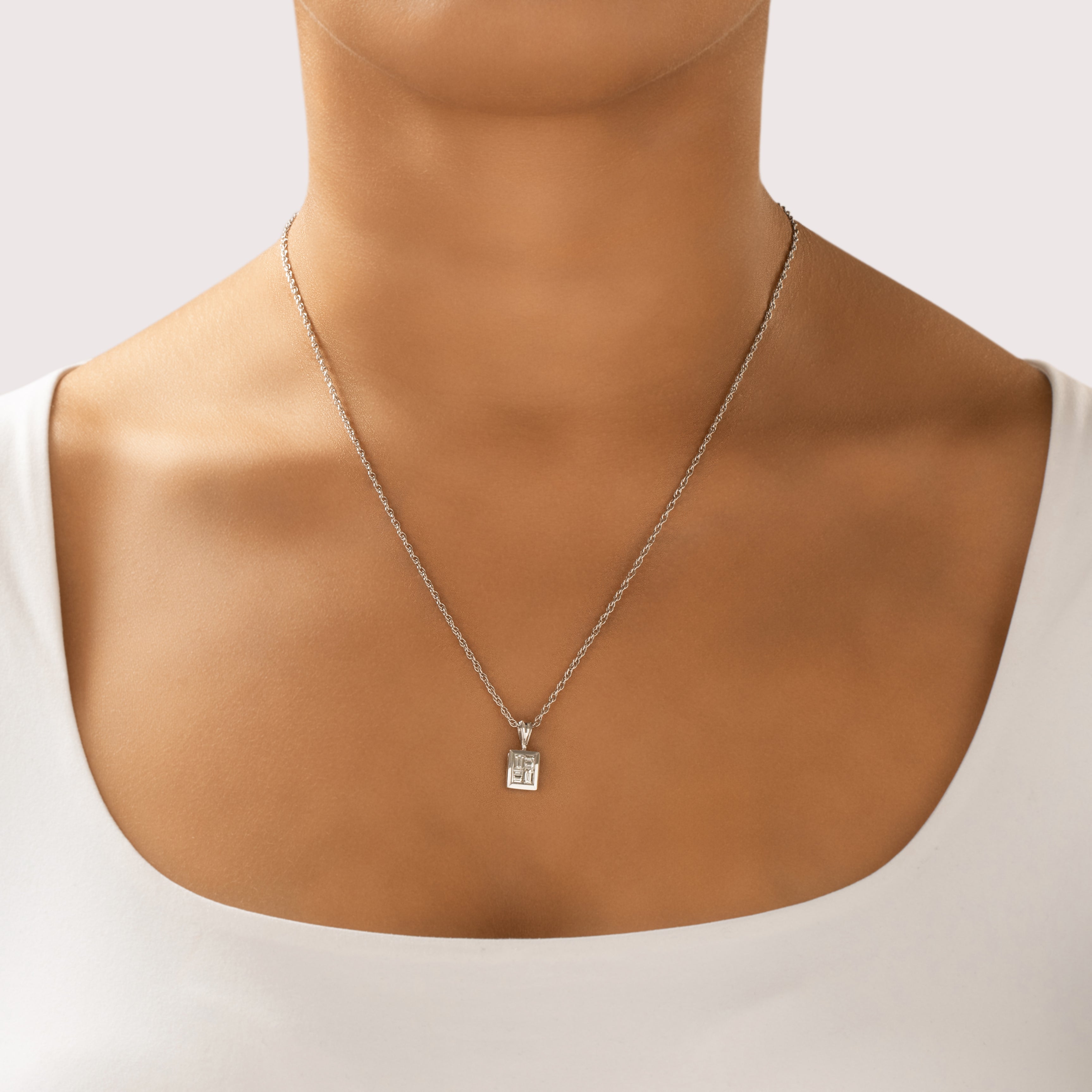 Vintage 14k White Gold Diamond Geometric Rectangle Pendant - On model view
