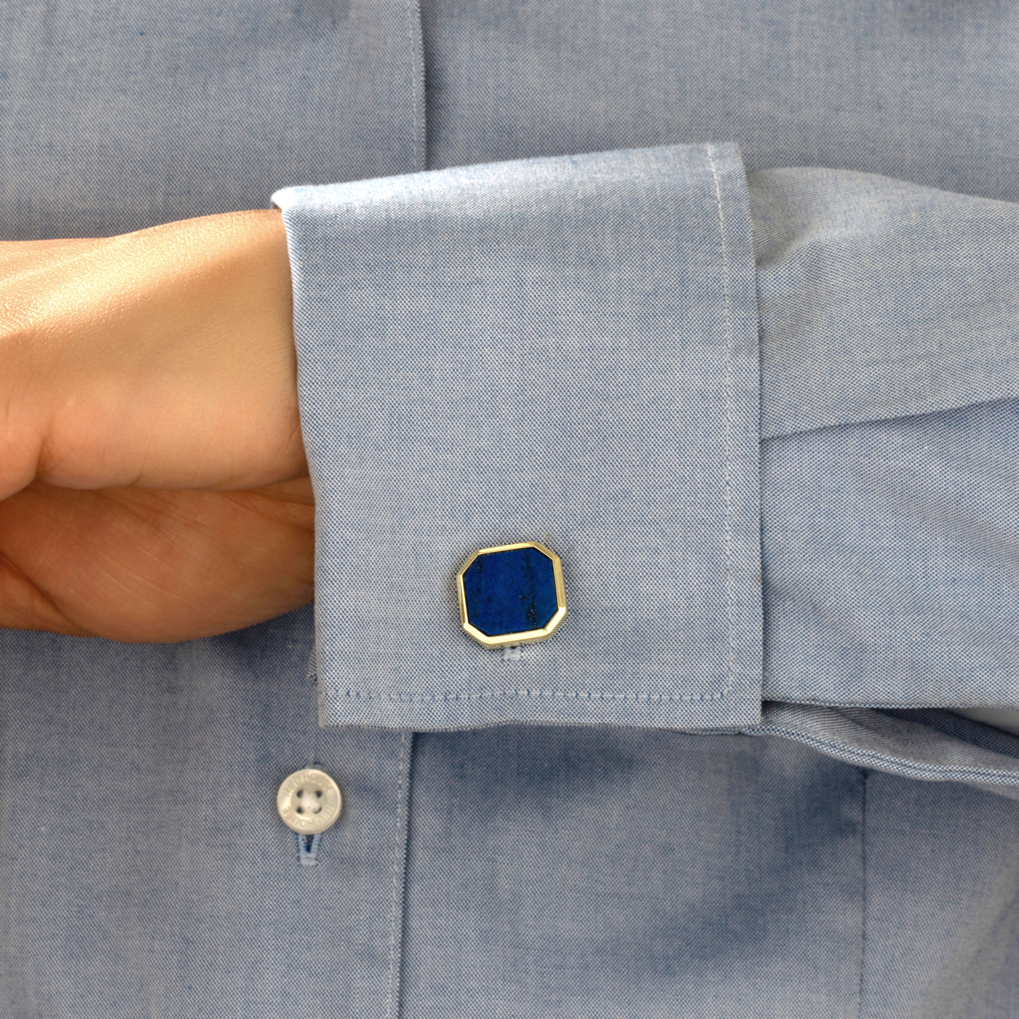 Vintage 14k Yellow Gold Lapis Lazuli Bold Gleaming Octagonal Cufflinks