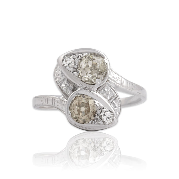 Antique 14k White Gold .94cttw Old Mine Cut Diamond Blossom Bypass Ring 6.75