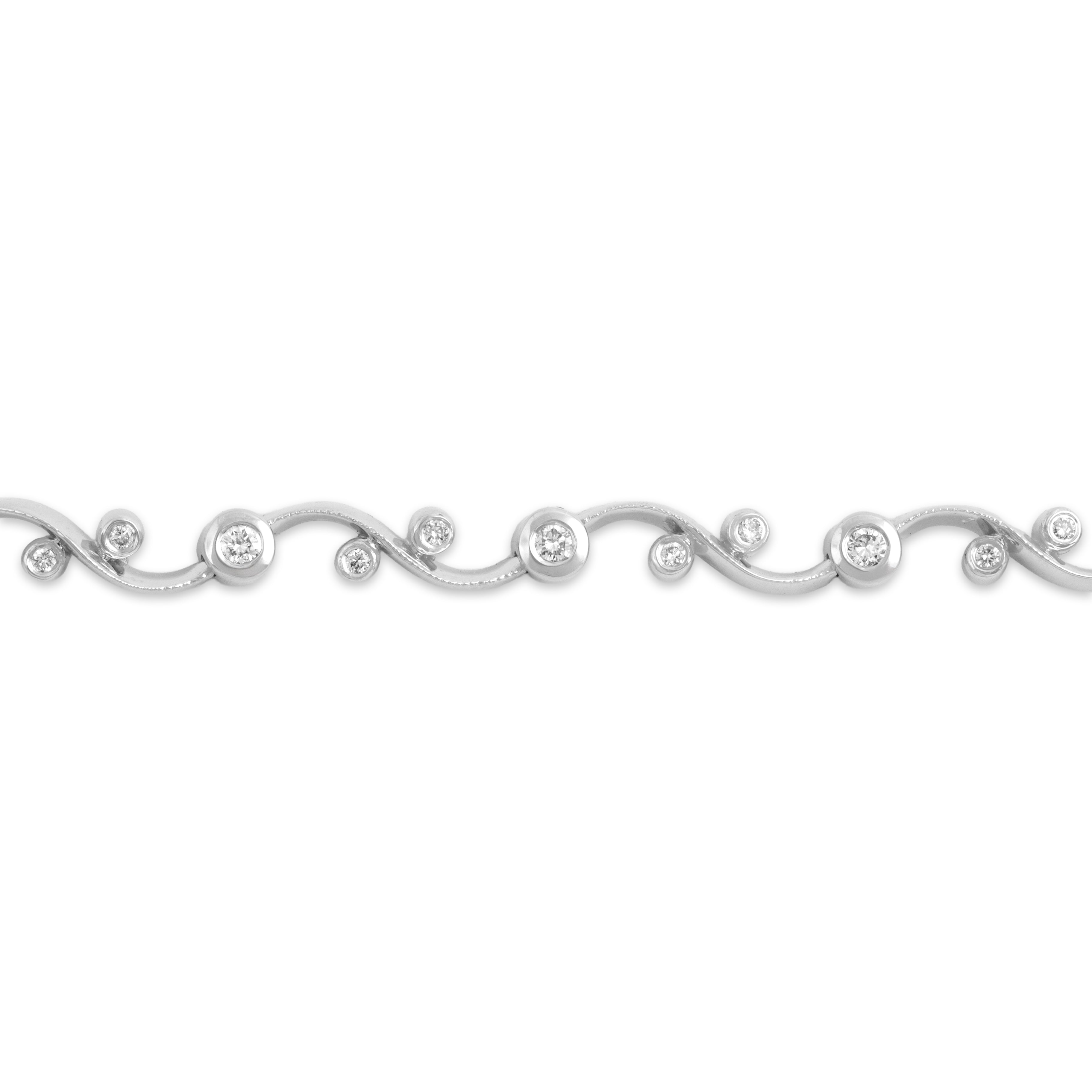 Vintage 14k White Gold Diamond Playful Swirling Bezel-Set Link Line Bracelet - Close-up view