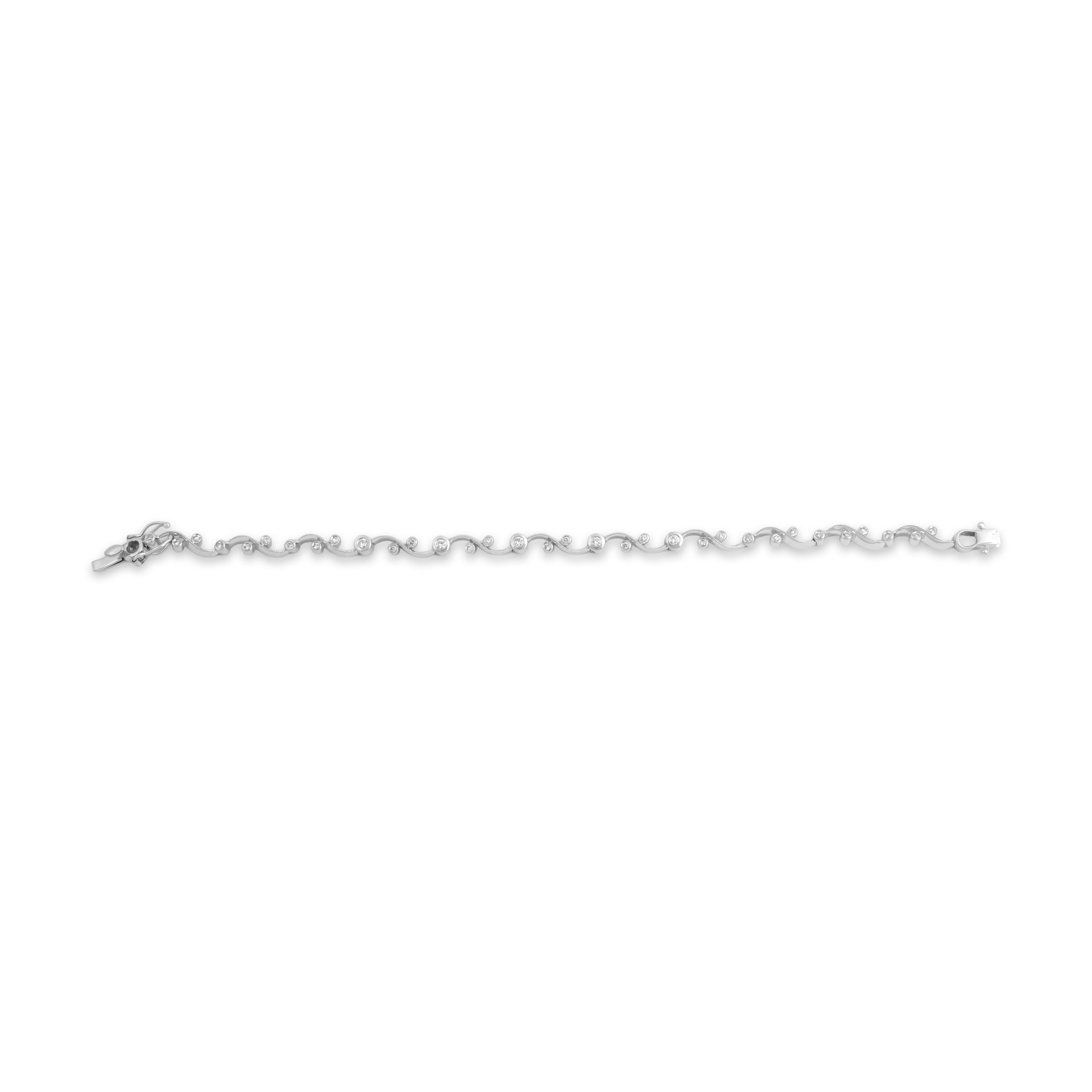 Vintage 14k White Gold Diamond Playful Swirling Bezel-Set Link Line Bracelet - Overall view