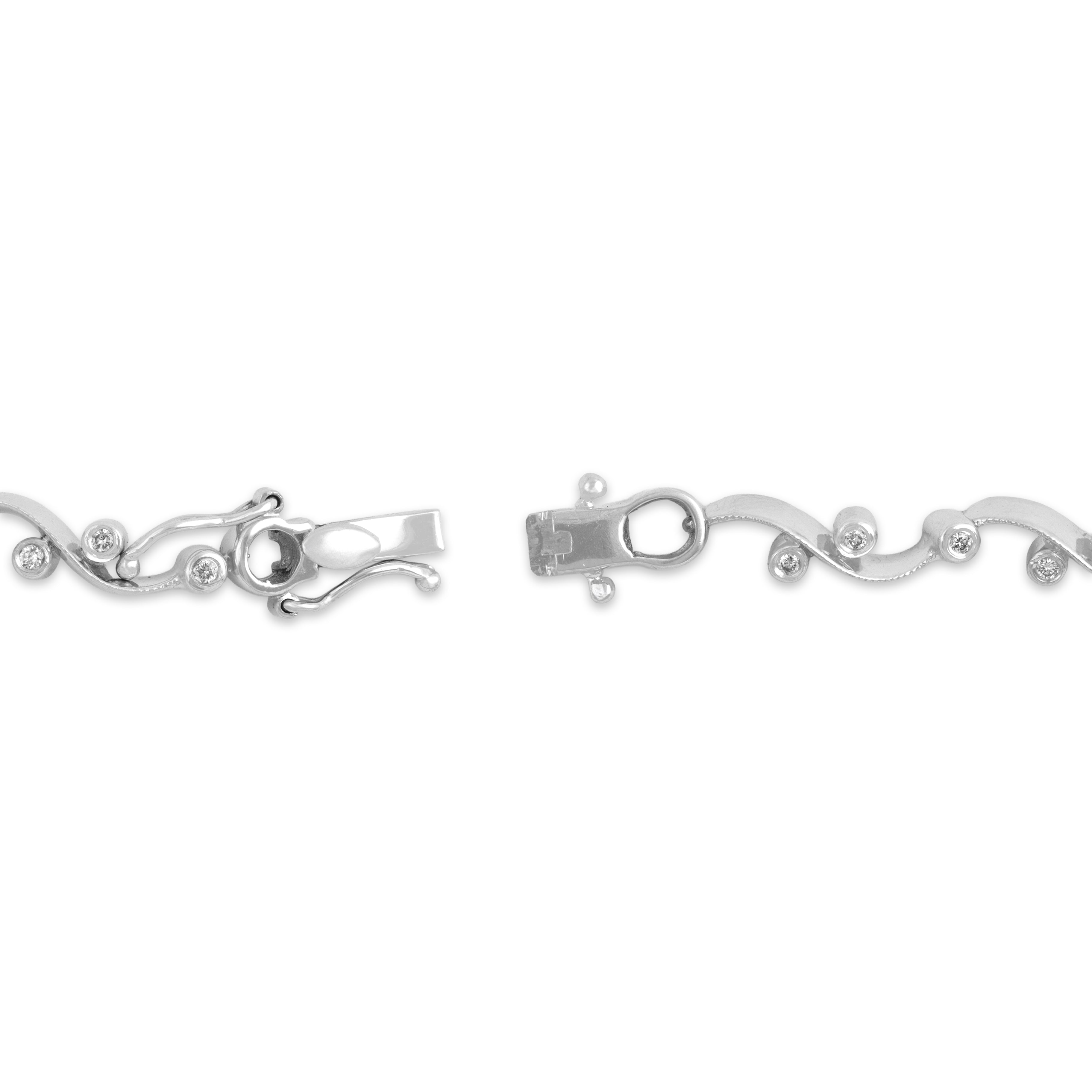 Vintage 14k White Gold Diamond Playful Swirling Bezel-Set Link Line Bracelet - clasp view