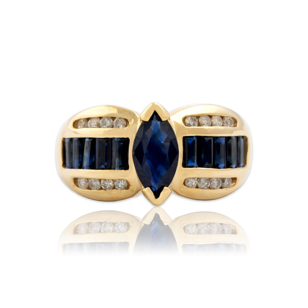 Vintage 14k Yellow Gold 1.96cttw Blue Sapphire Diamond Bold Shoulder Ring 7.75