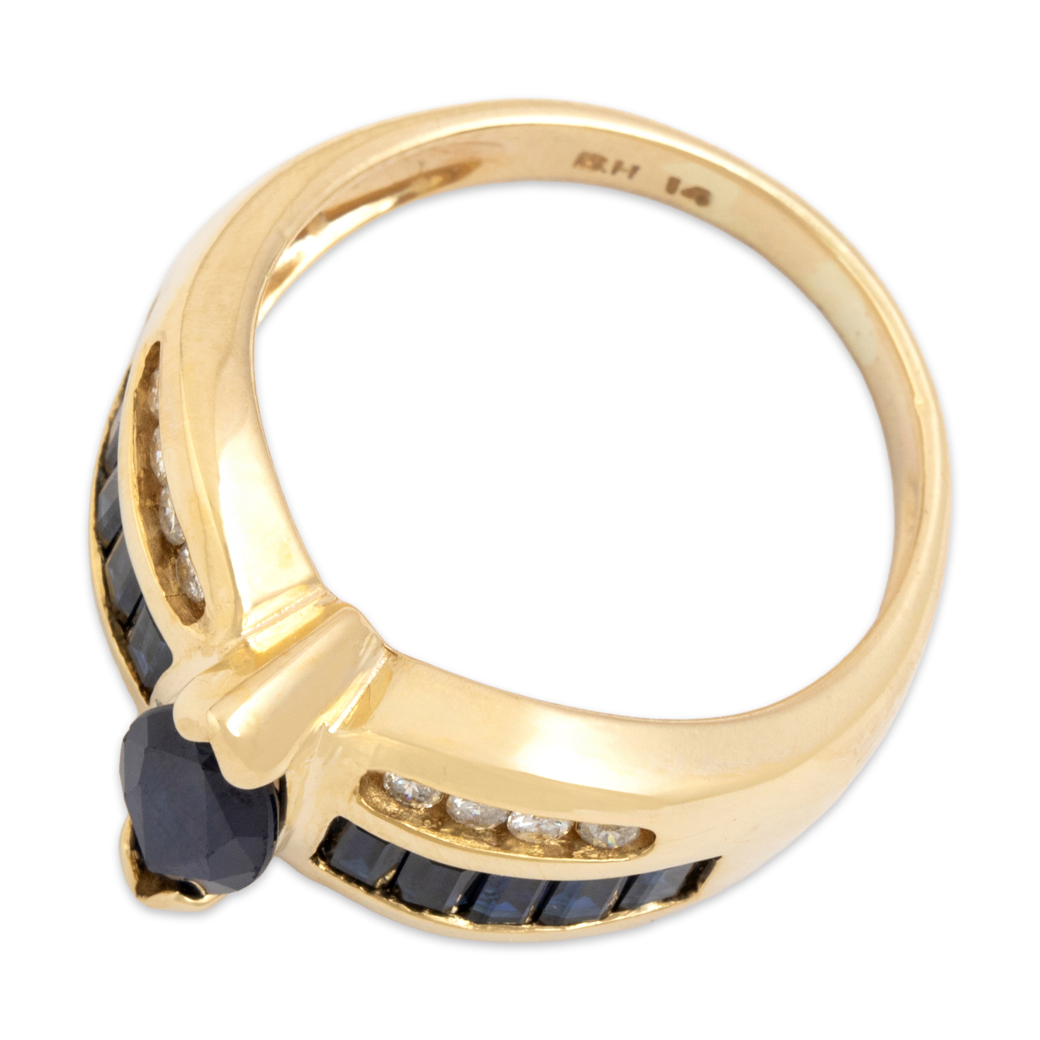 Vintage 14k Yellow Gold 1.96cttw Blue Sapphire Diamond Striking Bold Channel Shoulder Ring - Overall view
