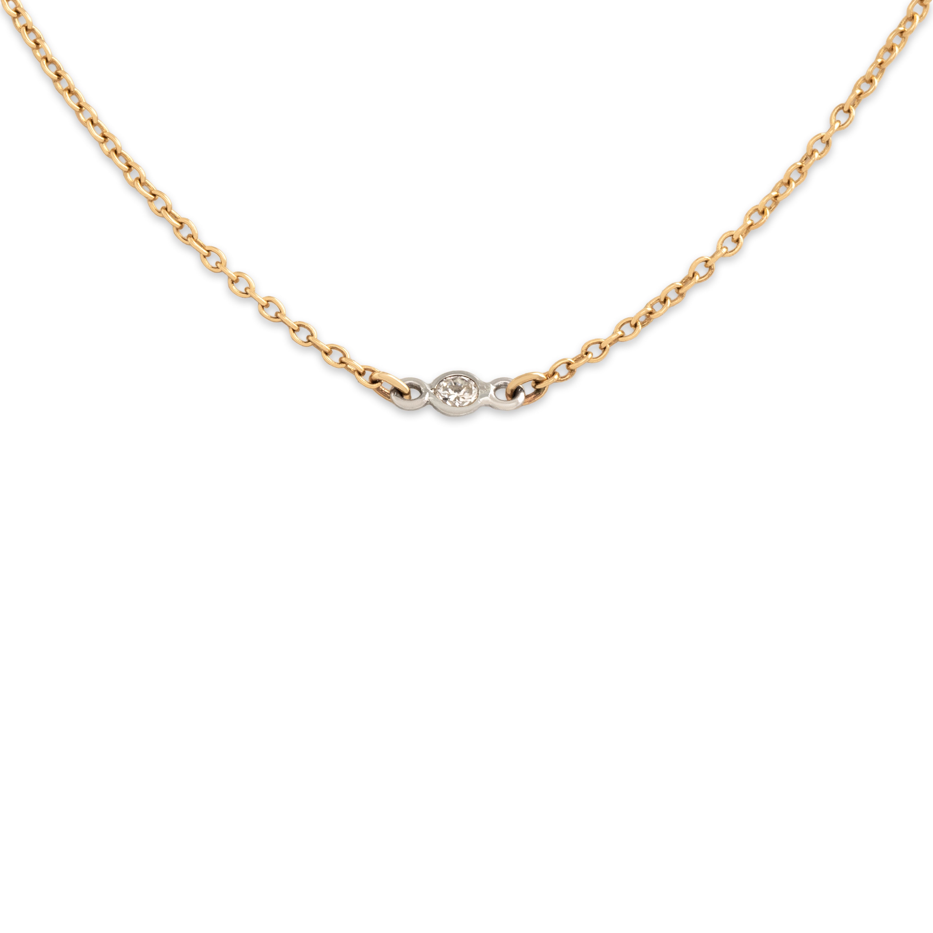 Vintage 14k Yellow & White Gold Diamond Dainty Bezel-Set Solitaire Necklace 15