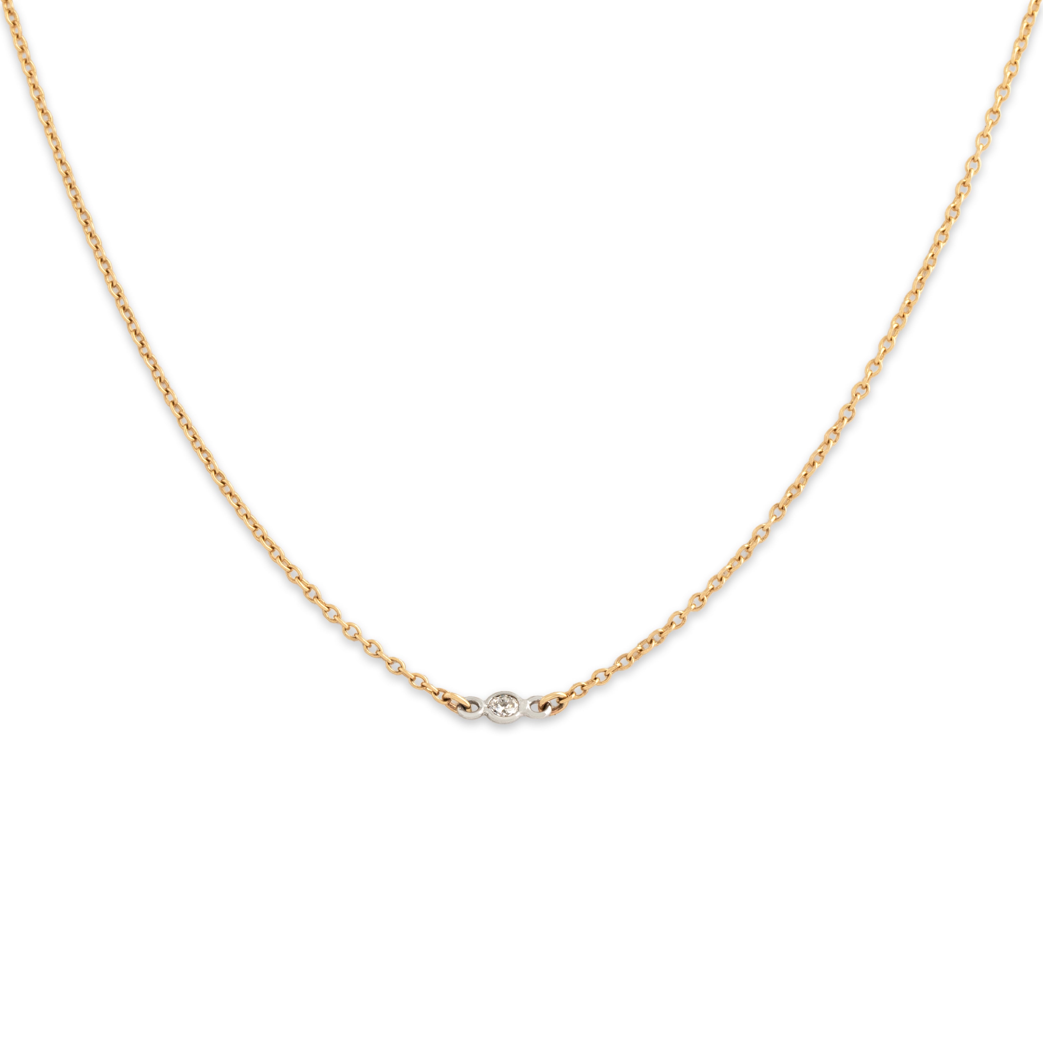 Vintage 14k Yellow & White Gold Diamond Dainty Bezel-Set Solitaire Necklace 15