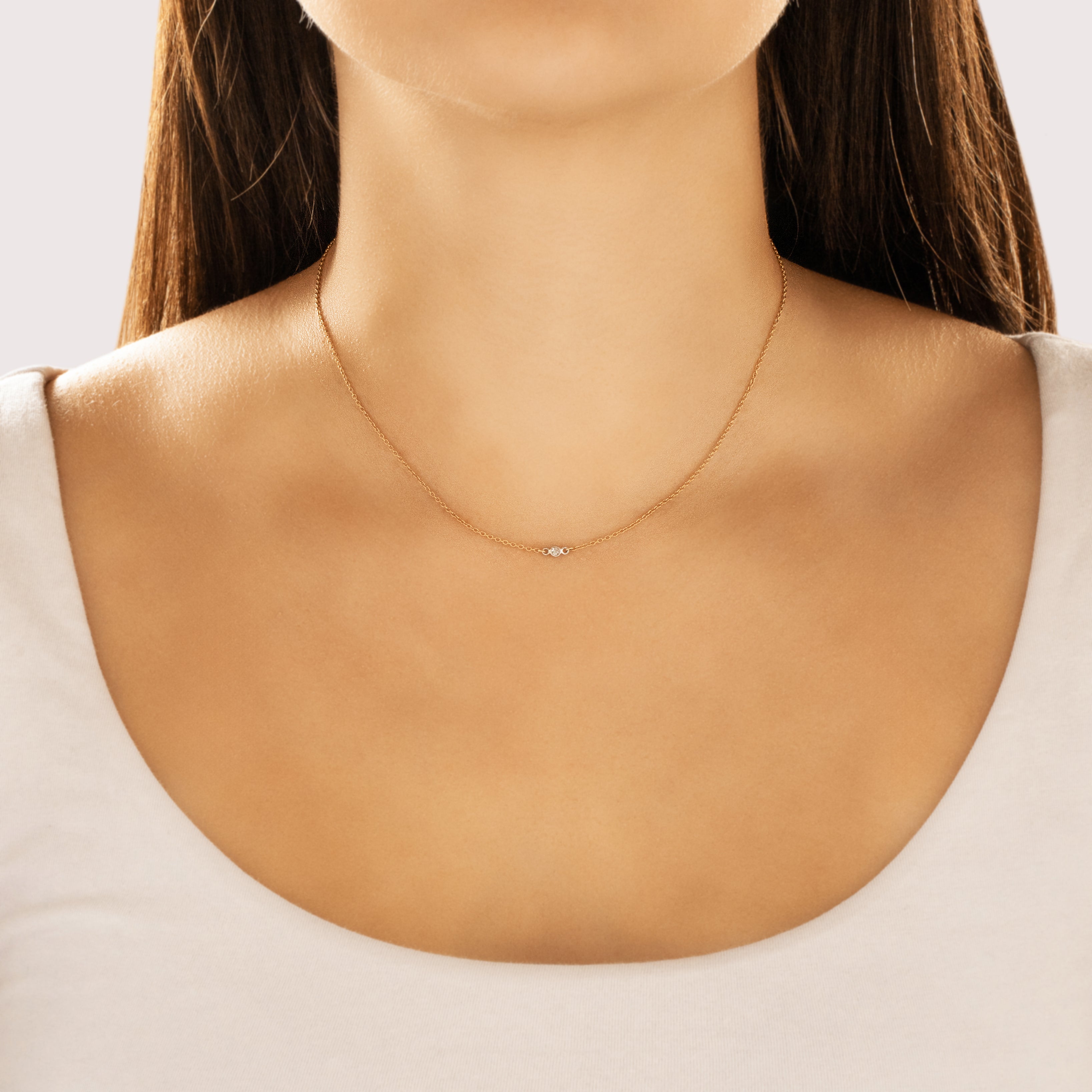 Vintage 14k Yellow & White Gold Diamond Dainty Bezel-Set Solitaire Necklace 15