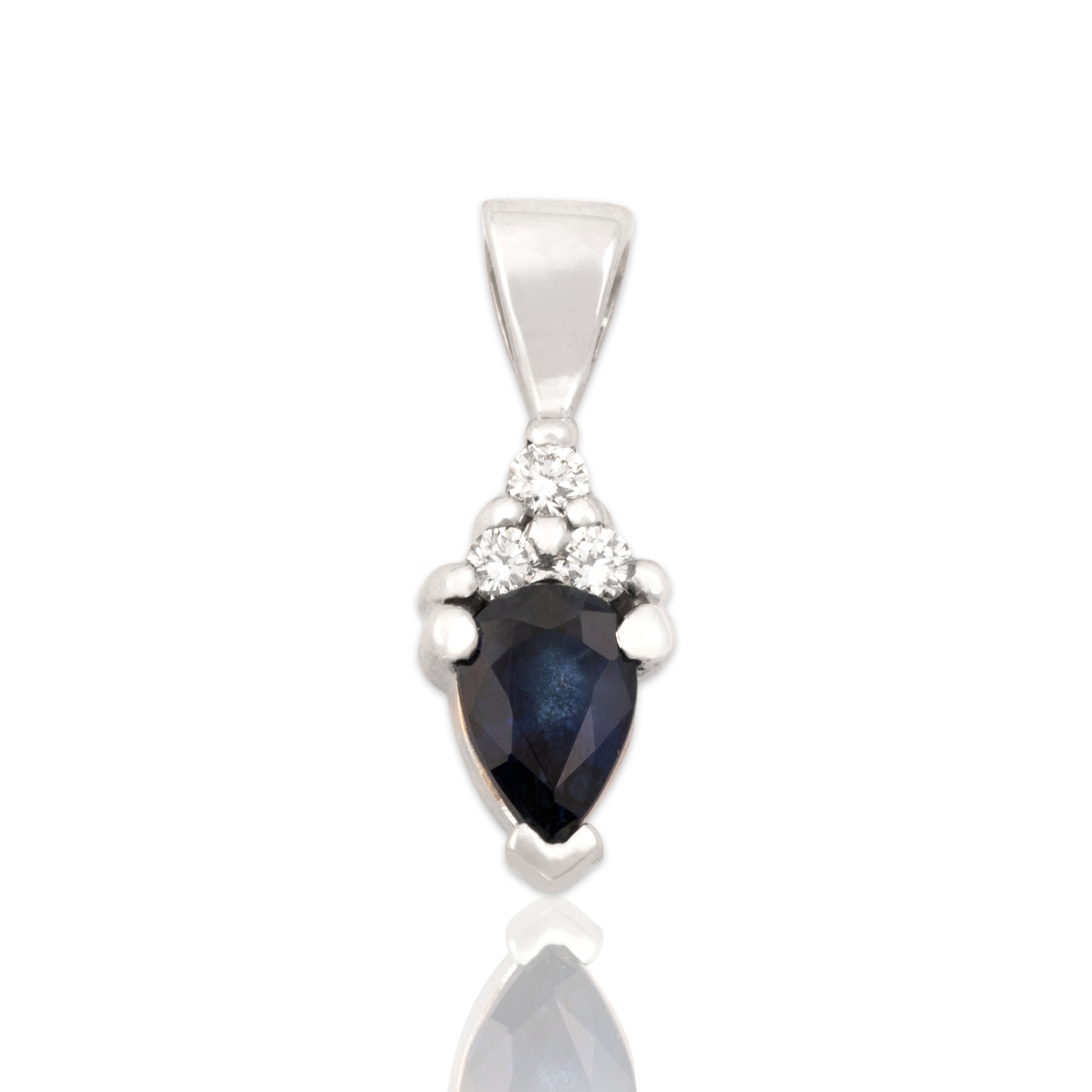 Vintage 14k White Gold Blue Sapphire Diamond Accented Inverted Pear Pendant - Close-up view