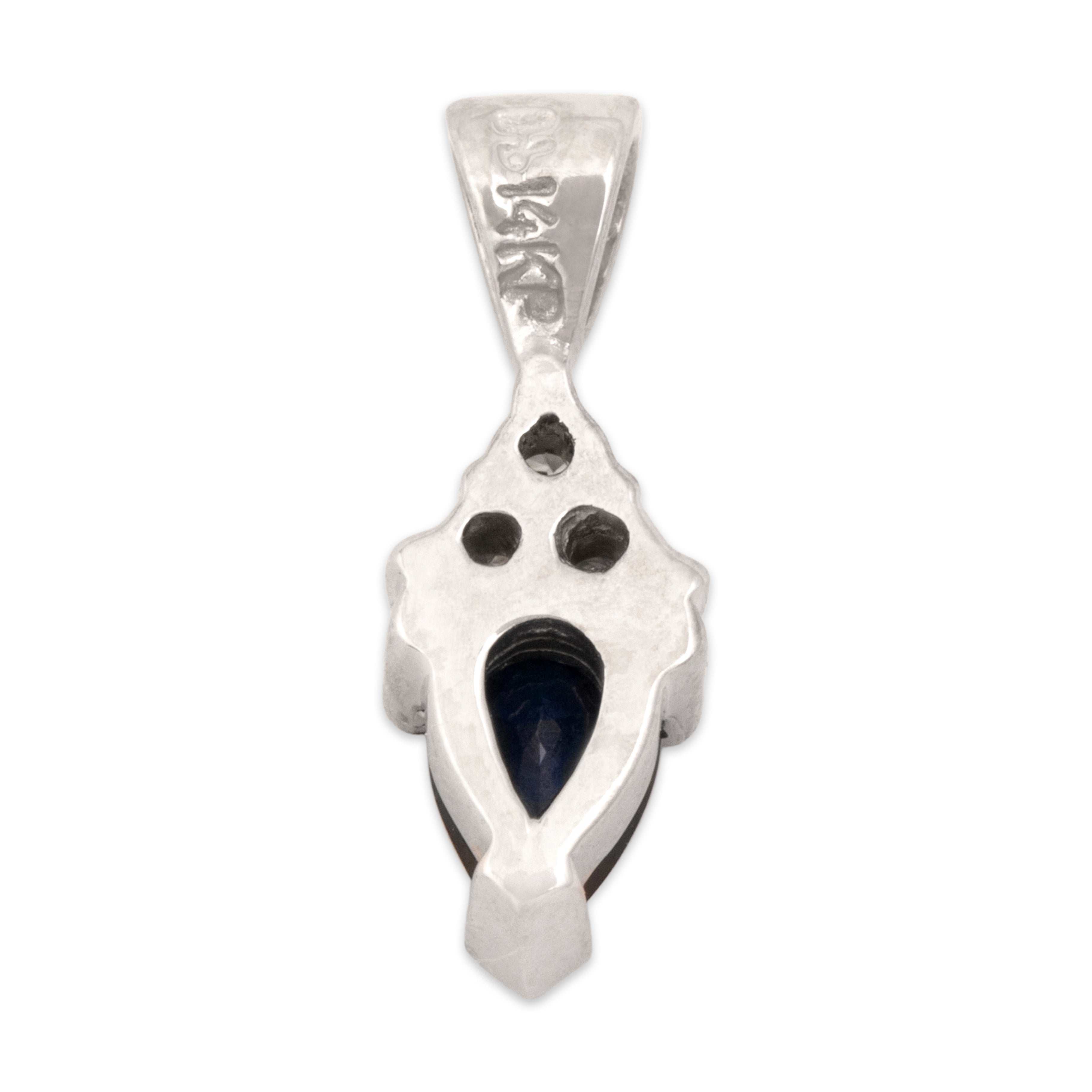 Vintage 14k White Gold Blue Sapphire Diamond Accented Inverted Pear Pendant - Back view