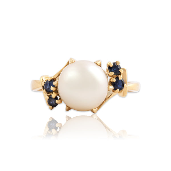 Vintage 18k Yellow Gold Pearl Blue Sapphire Refined Diagonal Bypass Ring 6.50