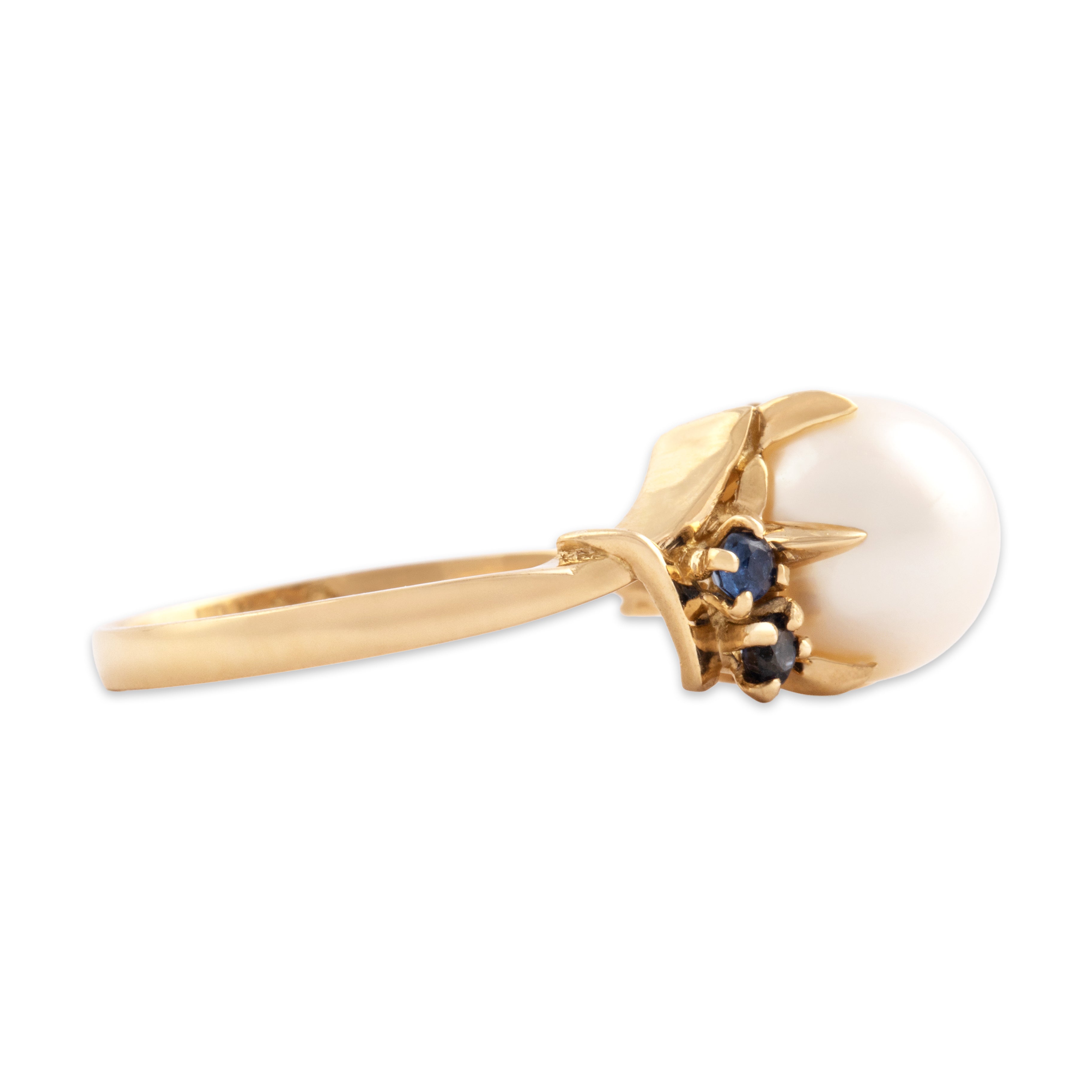 Vintage 18k Yellow Gold Pearl Blue Sapphire Refined Diagonal Bypass Ring - Side view