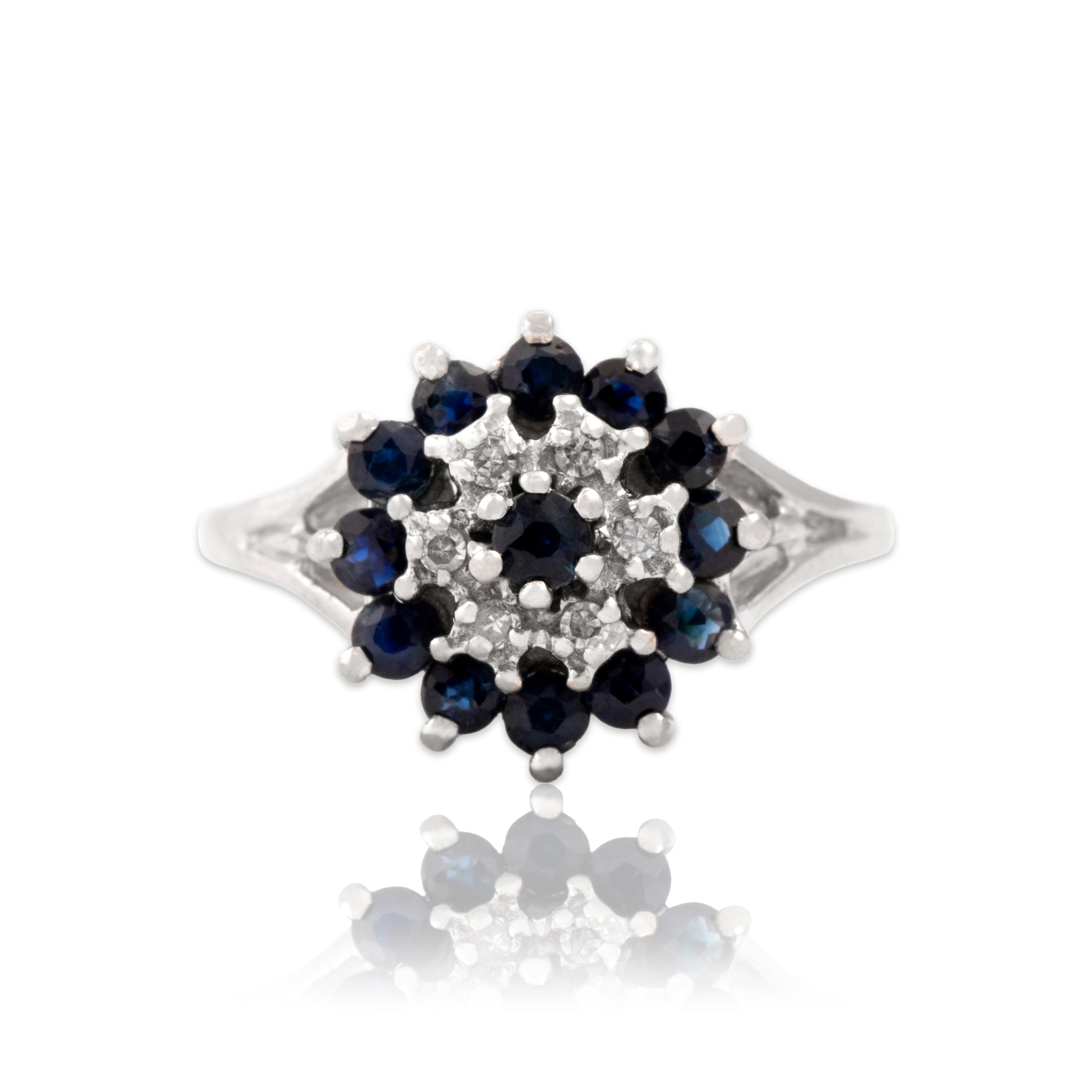 Vintage 10k White Gold Blue Sapphire Diamond Wintery Floriform Tower Ring - Close-up view