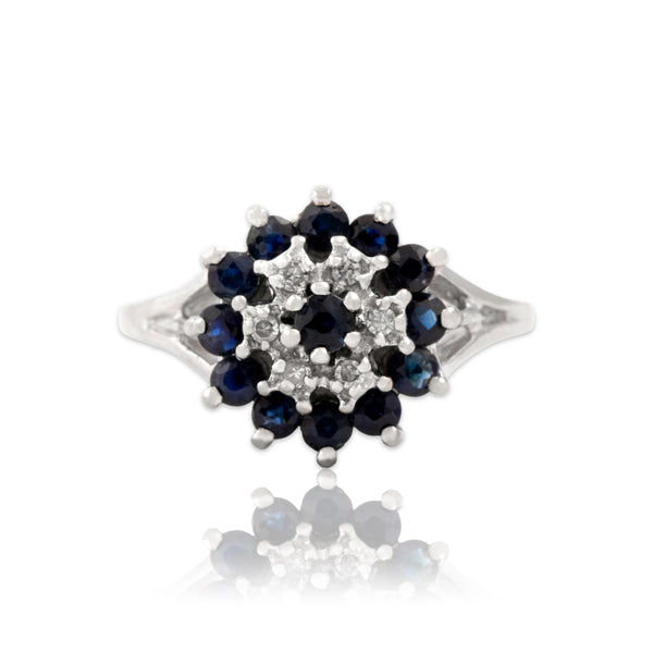 Vintage 10k White Gold Blue Sapphire Diamond Wintery Floriform Tower Ring 6.00