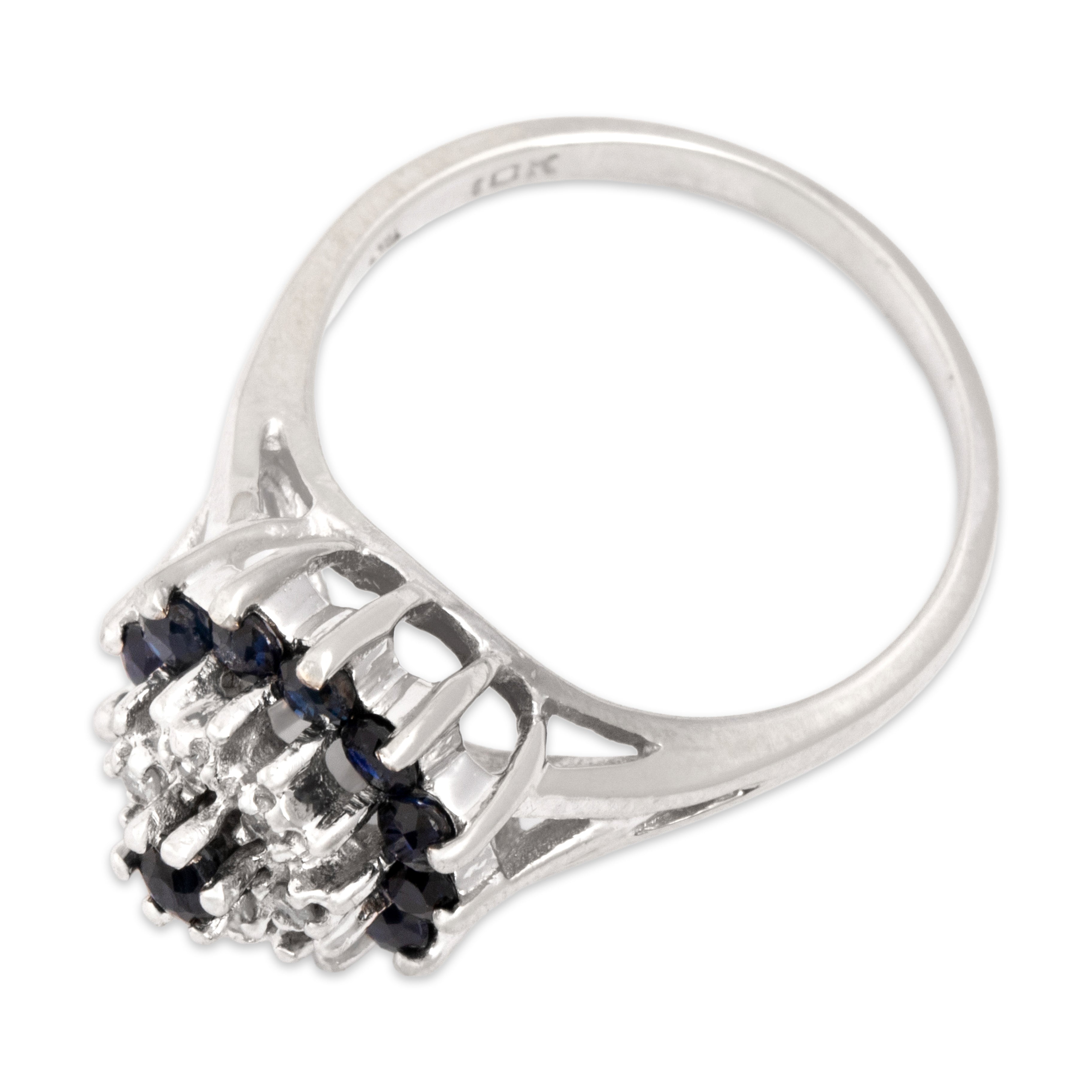 Vintage 10k White Gold Blue Sapphire Diamond Wintery Floriform Tower Ring - Overall view