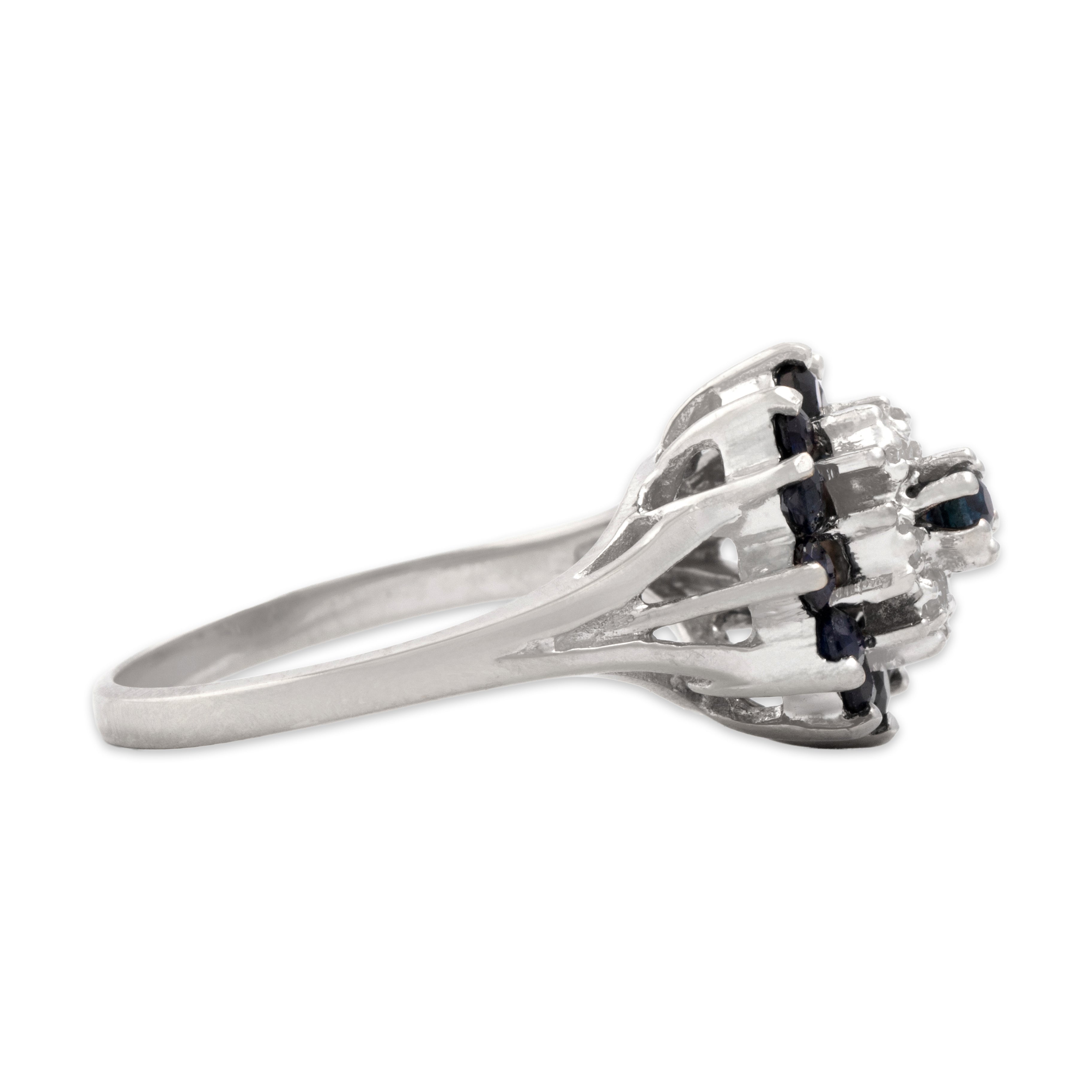 Vintage 10k White Gold Blue Sapphire Diamond Wintery Floriform Tower Ring - Side view