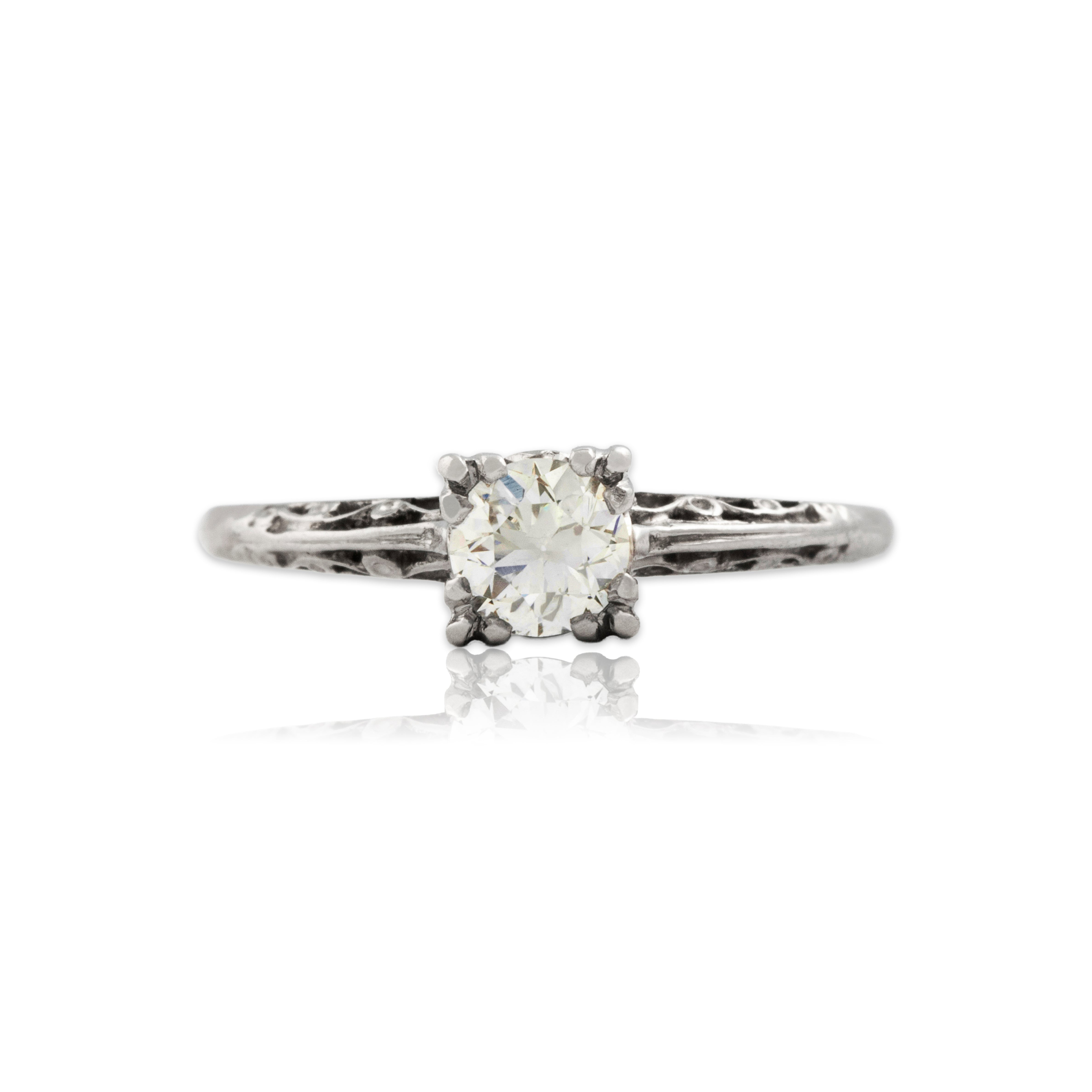 Antique Art Deco Platinum .44ct Old European Cut Diamond Piercework Ring 6.75