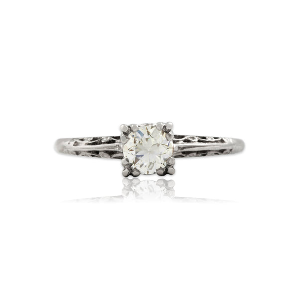 Antique Art Deco Platinum .44ct Old European Cut Diamond Piercework Ring 6.75