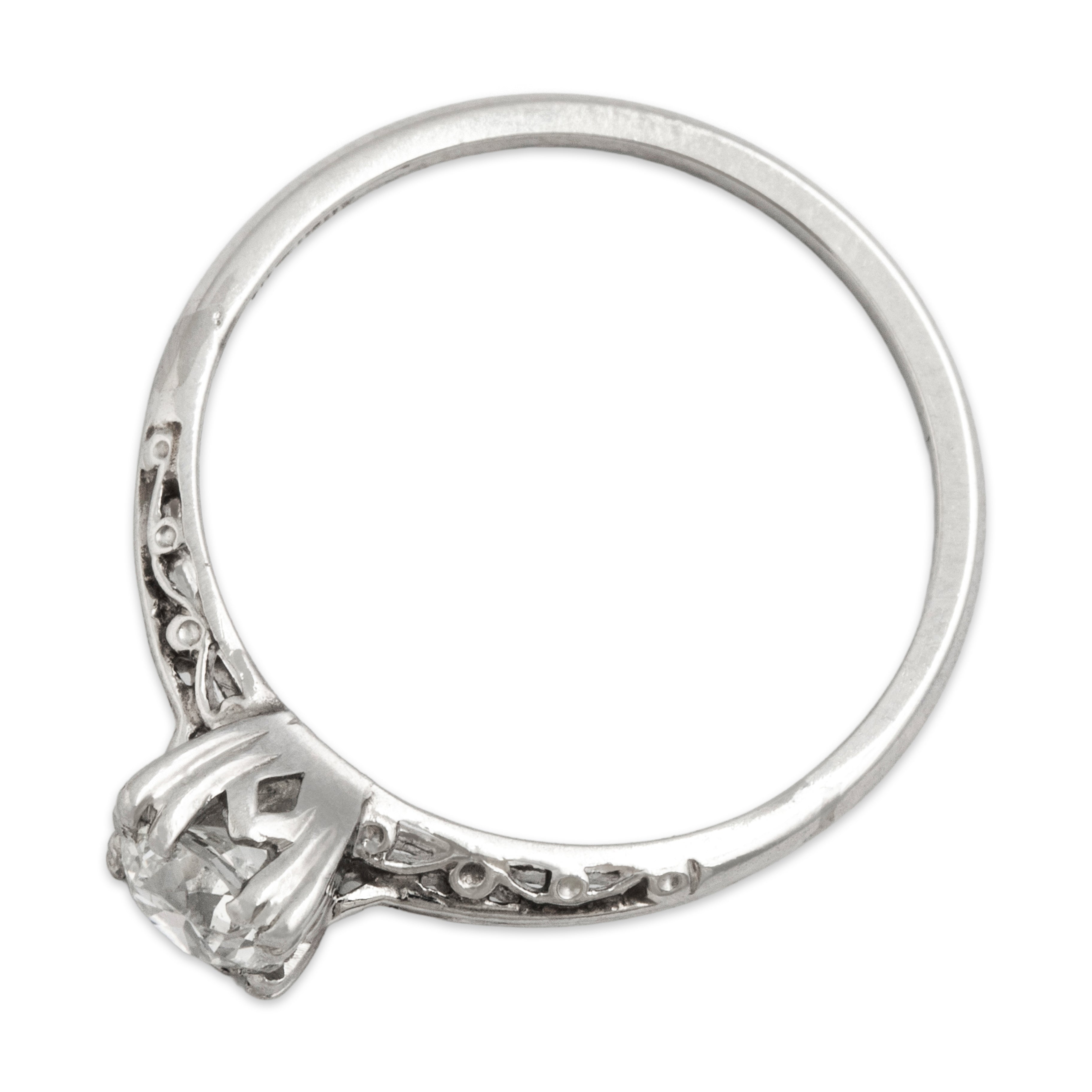 Antique Art Deco Platinum Old European Cut Diamond Incredible Piercework Square-Set Solitaire Ring - Overall view